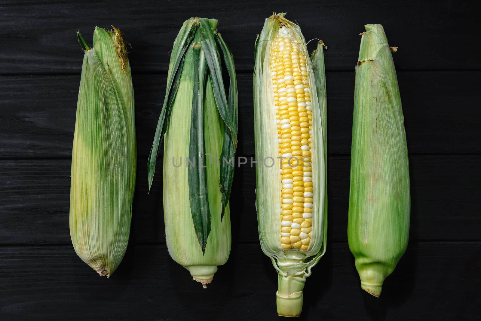 Cobs of ripe raw corn laid out on a table with a dark wooden texture. Healthy summer food concept. Fresh unroasted cob of corn. Background, top view, close-up, flat plan, copy space