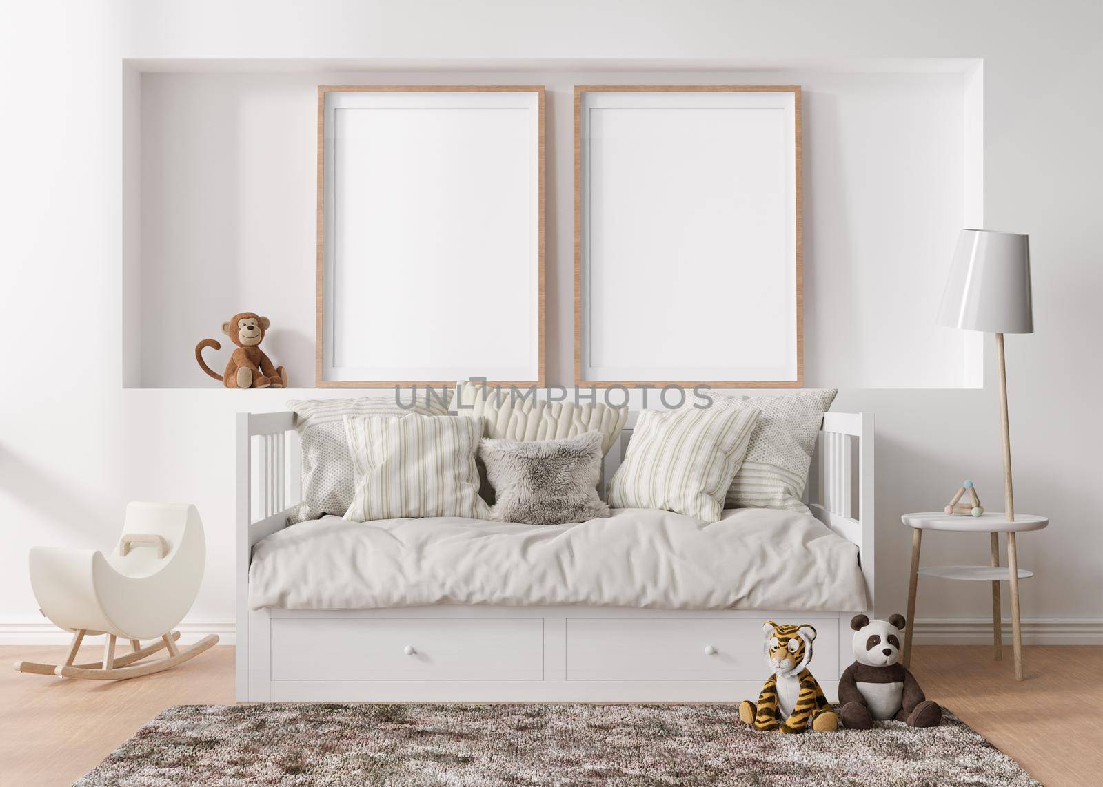 Two empty vertical picture frames on white wall in modern child room. Mock up interior in scandinavian style. Free, copy space for your picture. Bed, toys. Cozy room for kids. 3D rendering