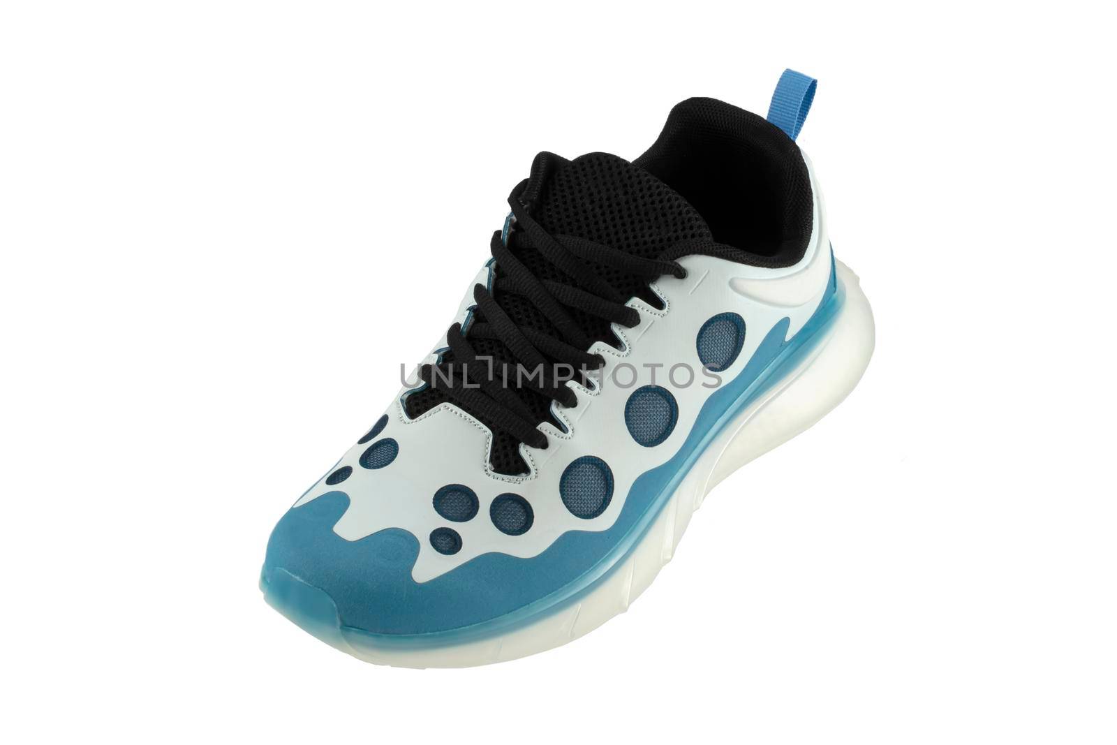 Blue sneakers with black inserts isolated on white background.