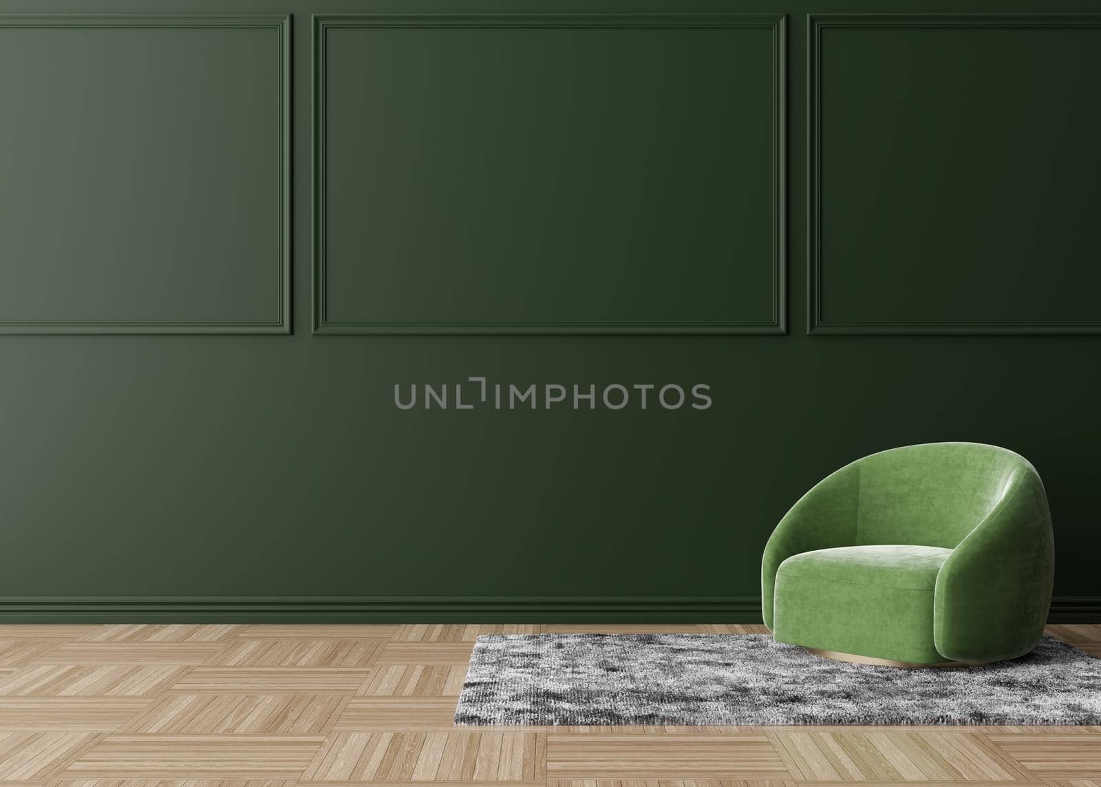 Room with parquet floor, green wall and empty space. Armchair, grey carpet. Mock up interior. Free, copy space for your furniture, picture, decoration and other objects. 3D rendering