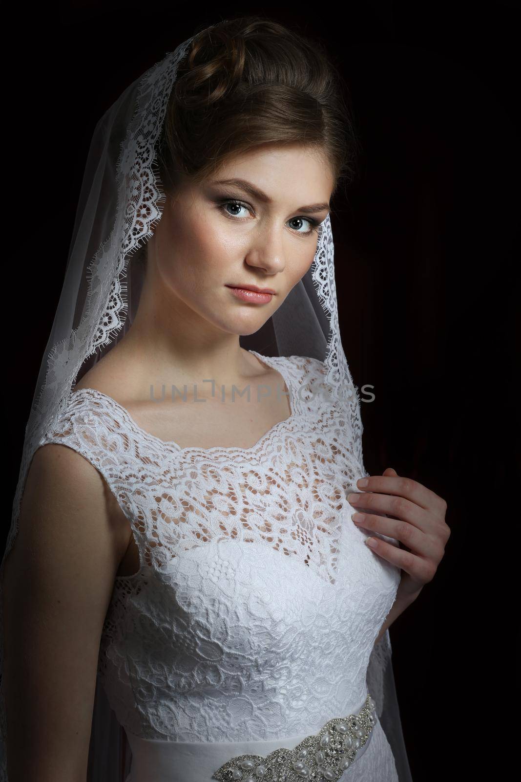 Beautiful bride with a wedding hairstyle - on a dark background. Portrait of a gorgeous bride. Wedding. The bride in a white dress holds a veil.