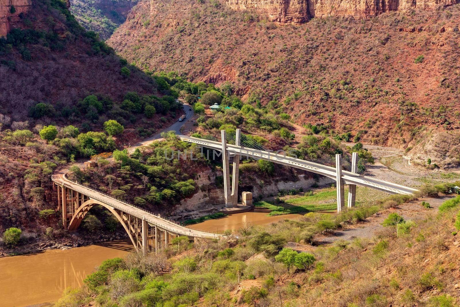 Old and new bridge across mountain river Blue Nile near Bahir Dar, Ethiopia.