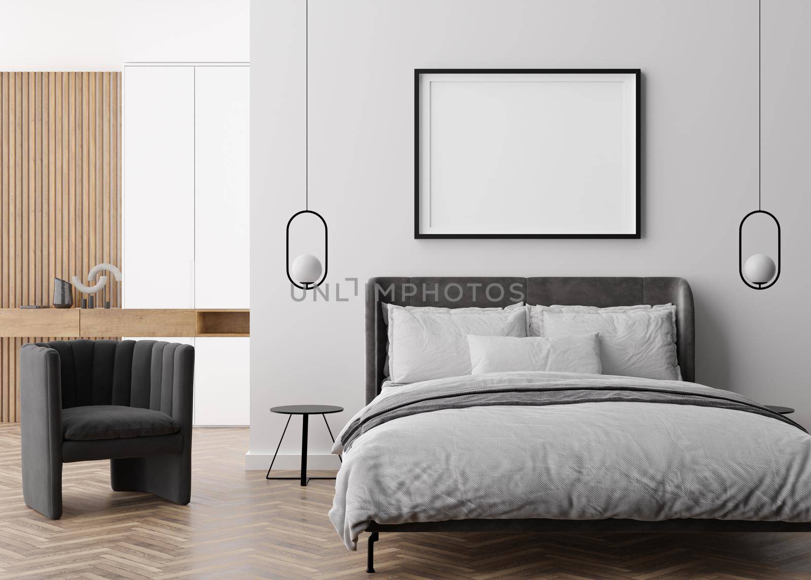Empty picture frame on white wall in modern bedroom. Mock up interior in contemporary style. Free, copy space for your picture, poster. Bed, lamps. 3D rendering