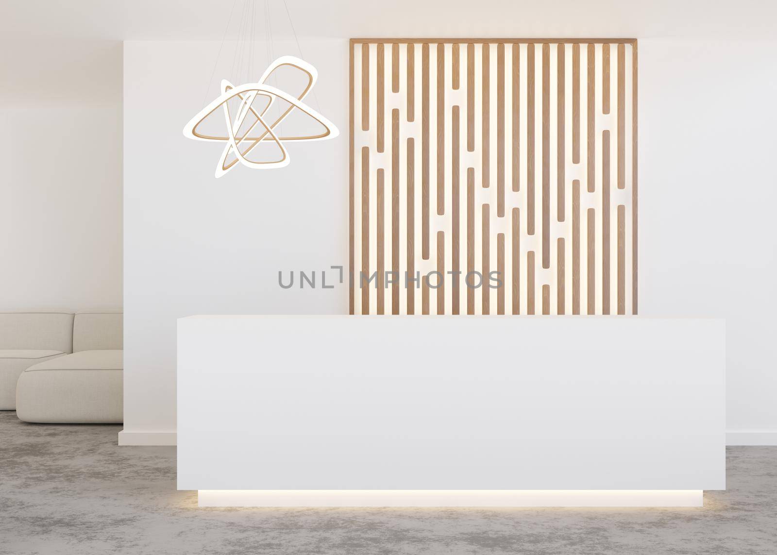 White reception counter in modern room with white walls. Blank registration desk in hotel, spa or office. Reception mock up with copy space for branding, logo. Contemporary style. 3D rendering