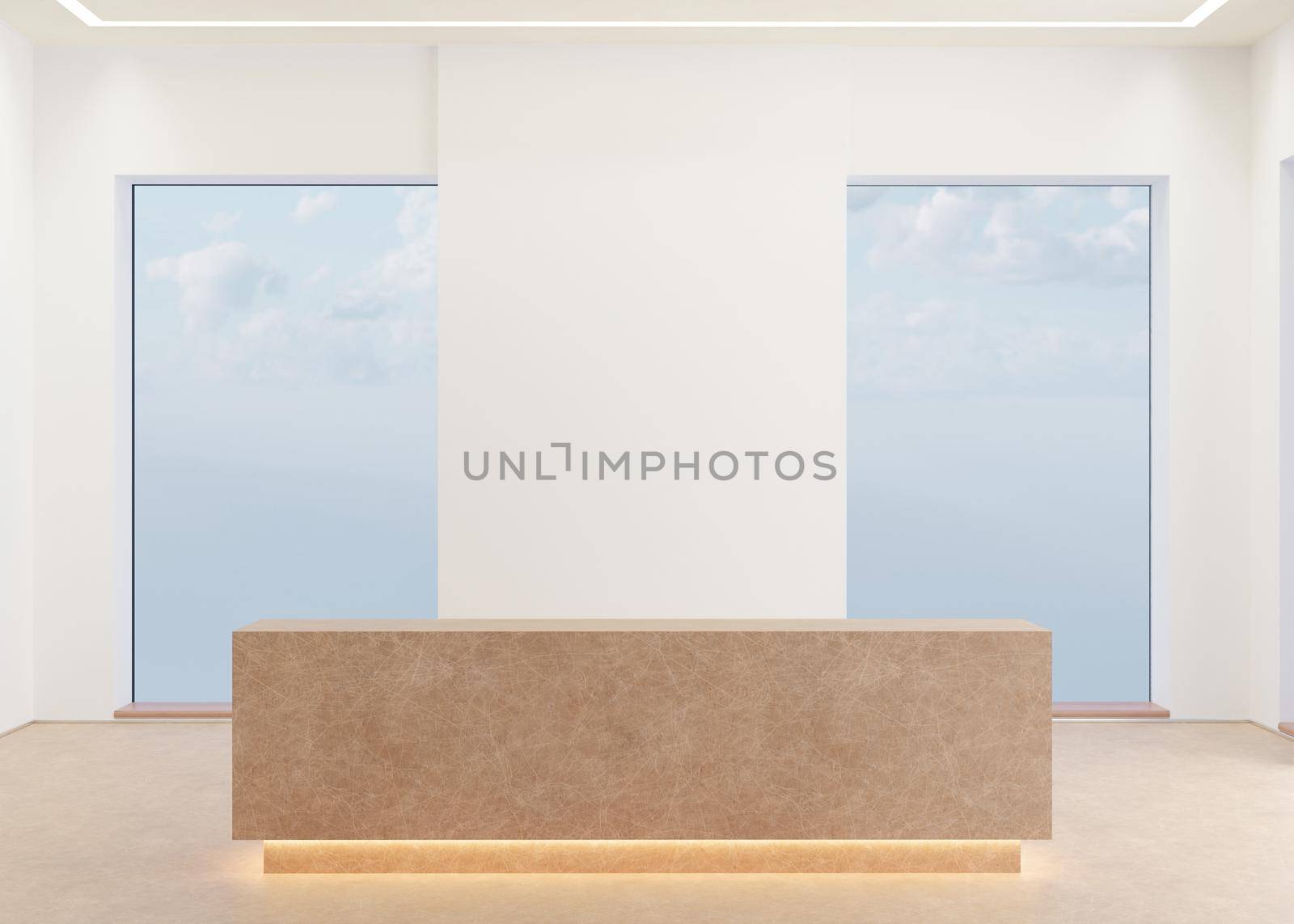 White reception counter in modern room with white walls and panoramic windows. Blank registration desk in hotel or office. Reception mock up with copy space for branding, logo. 3D rendering