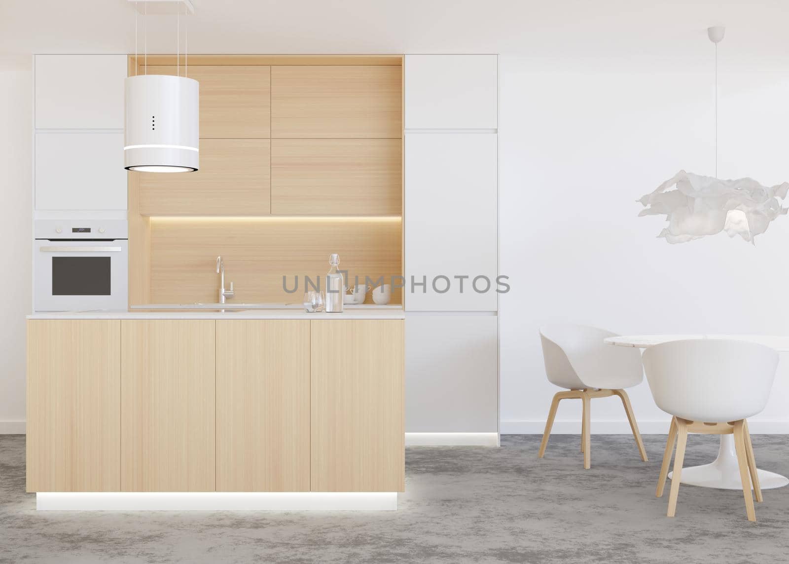 Beautiful, light and modern kitchen. White and wooden kitchen furniture. Dining table with chairs. Home interior in contemporary, scandinavian style. 3D rendering
