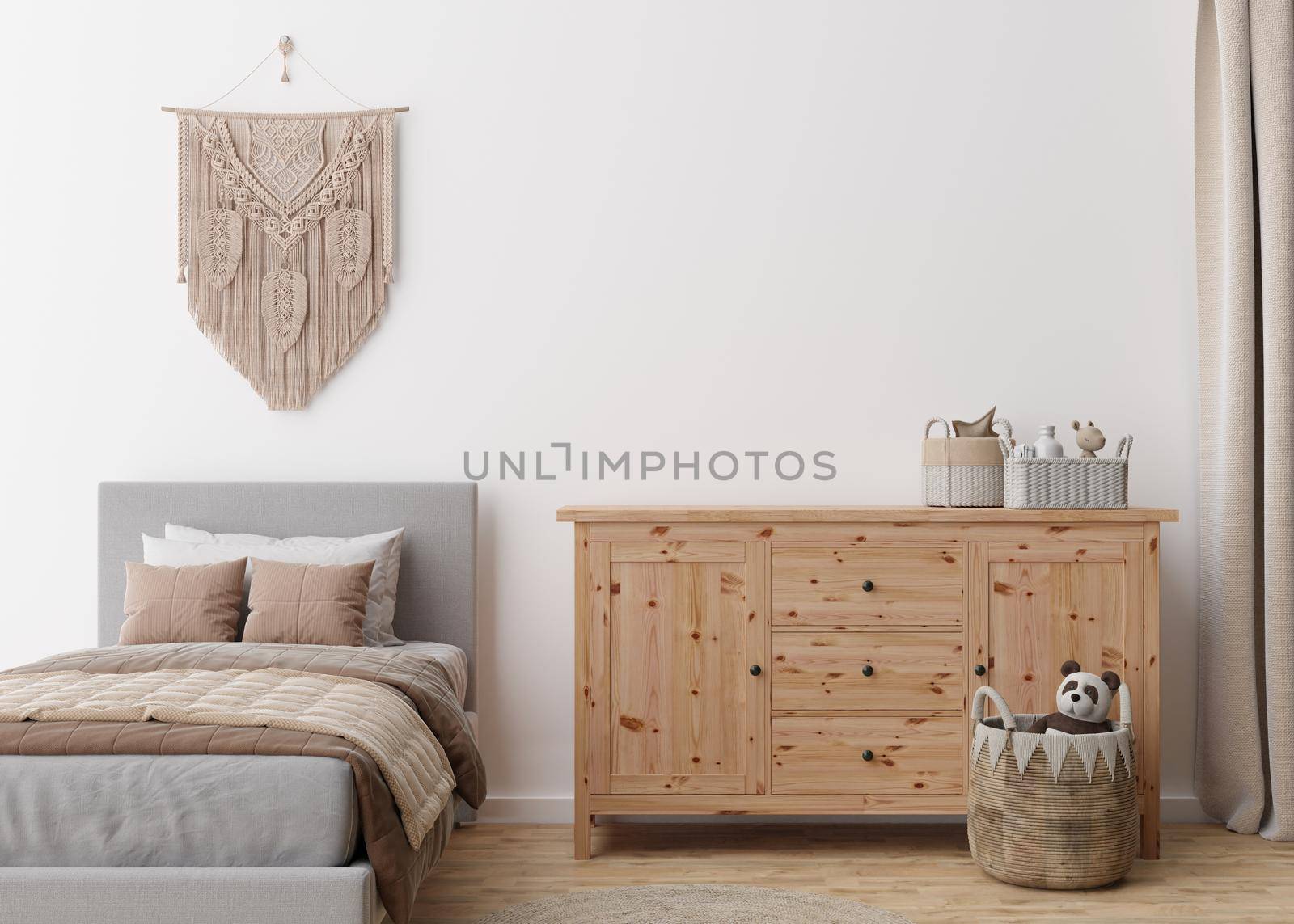 Empty white wall in modern child room. Mock up interior in boho style. Copy space for your picture or poster. Bed, toys, macrame wall decor, rattan basket. Cozy room for kids. 3D rendering