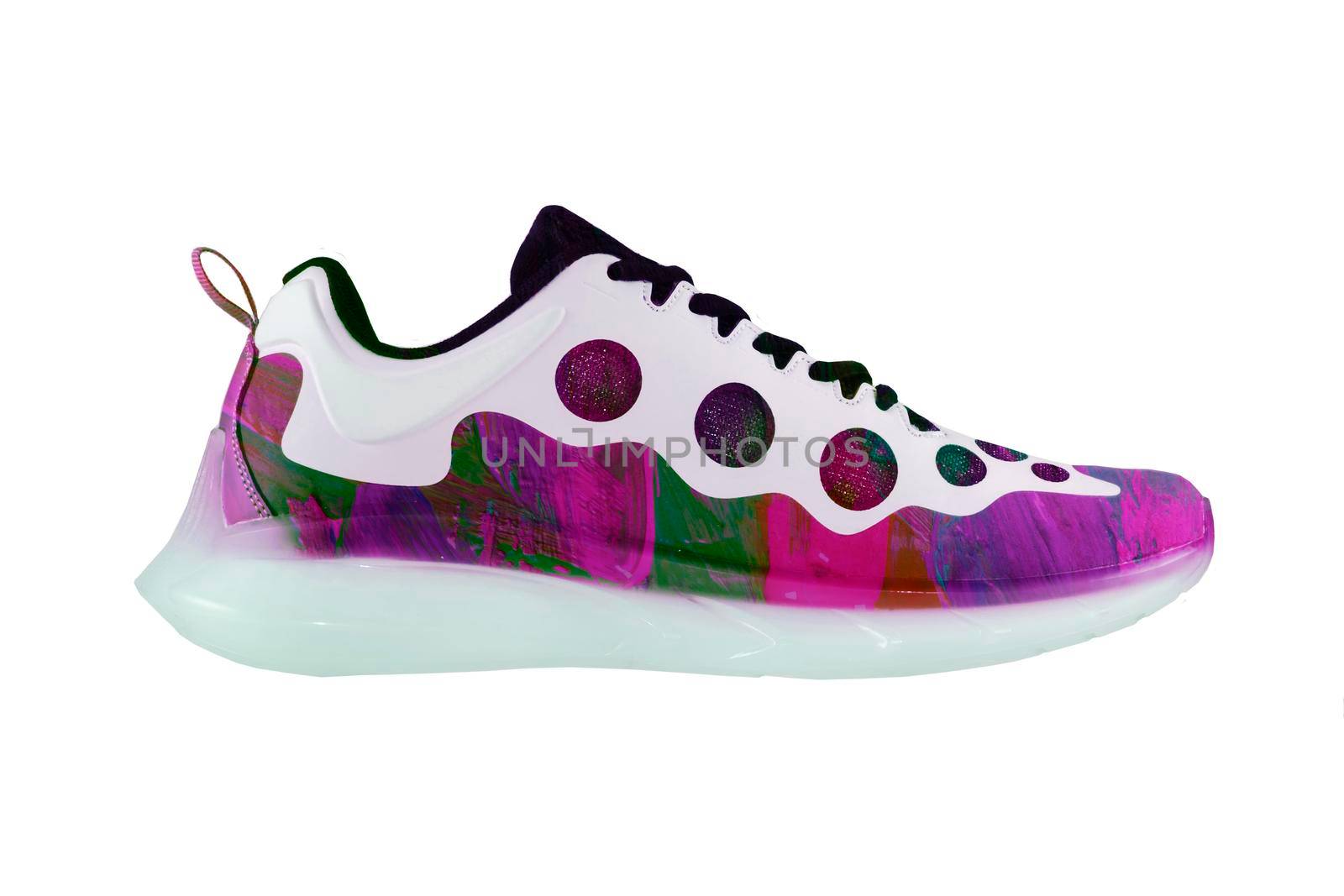 Multicolored creative sneaker on a white background. Bright joyful shoes. by Sviatlana