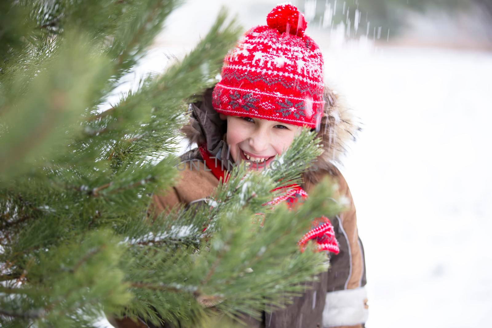 Funny little boy among the snow-covered Christmas trees. Child in winter.