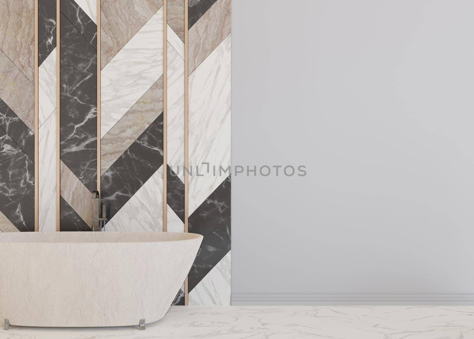 Beautiful, light and modern bathroom. Marble panels. Bathtub. Home interior in contemporary style. Luxury bathroom mock up. Free, copy space for your furniture, radiator or other details. 3D render