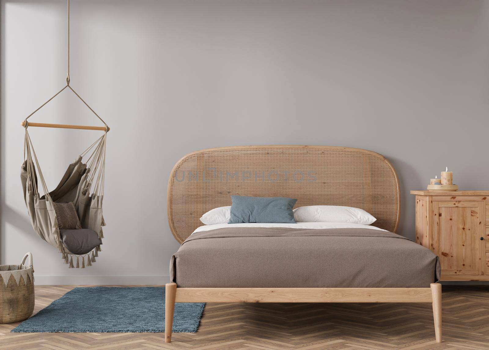 Empty gray wall in modern bedroom. Mock up interior in scandinavian, boho style. Free, copy space for your picture, text, or another design. Bed, rattan basket, hanging armchair. 3D rendering
