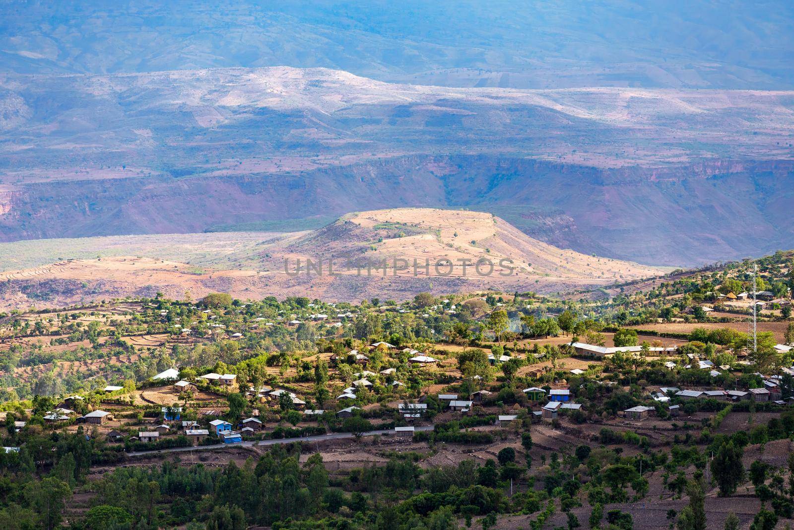 Beautiful highland landscape with traditional ethiopian houses in valley. Ethiopia, Africa.