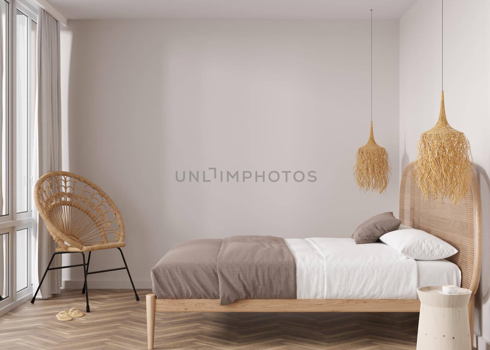 Empty beige wall in modern bedroom. Mock up interior in boho style. Free, copy space for your picture, text, or another design. Bed, rattan armchair. 3D rendering
