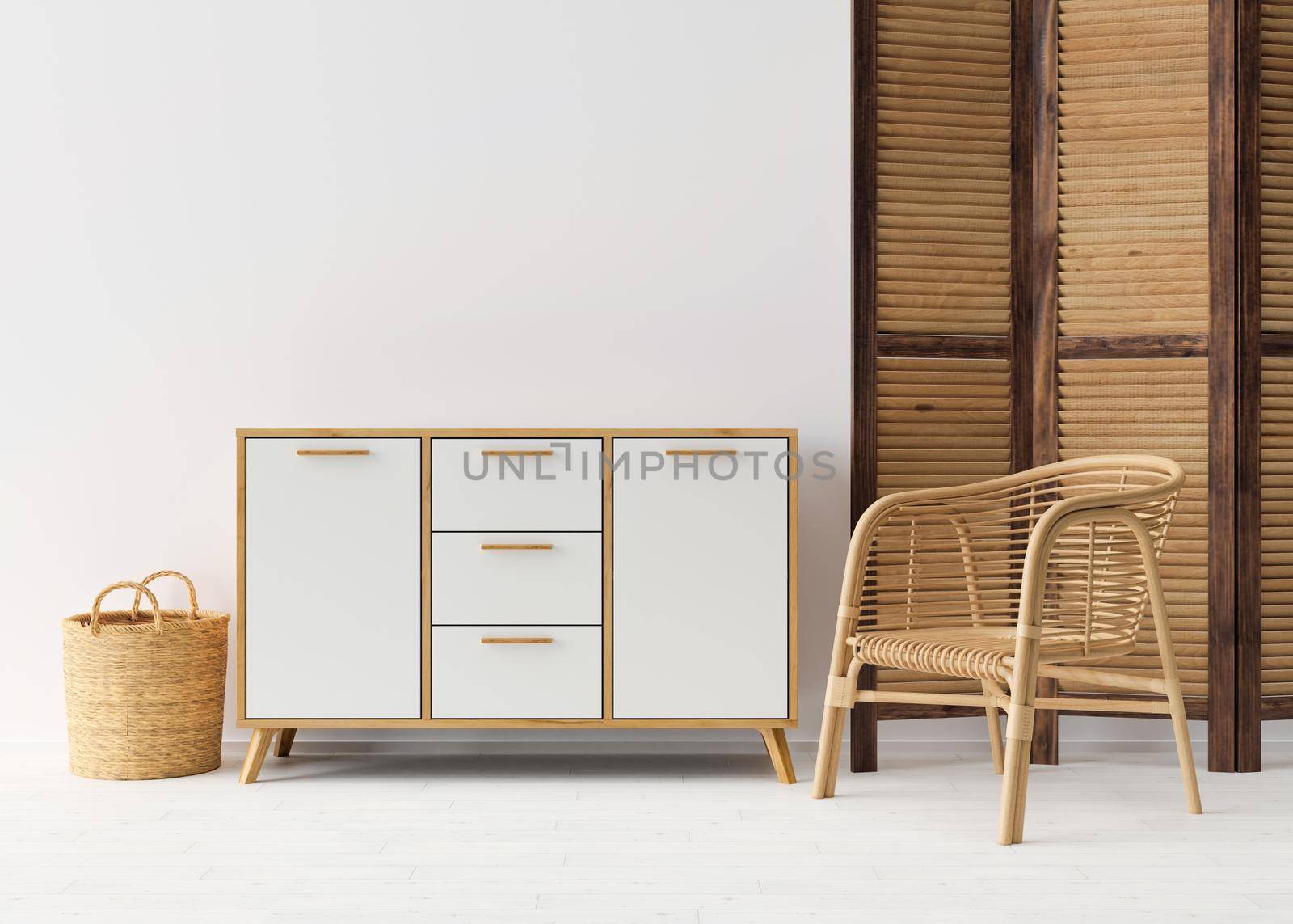 Empty white wall in modern living room. Mock up interior in scandinavian, boho style. Free space, copy space for your picture, text, or another design. Wooden console and rattan armchair. 3D render