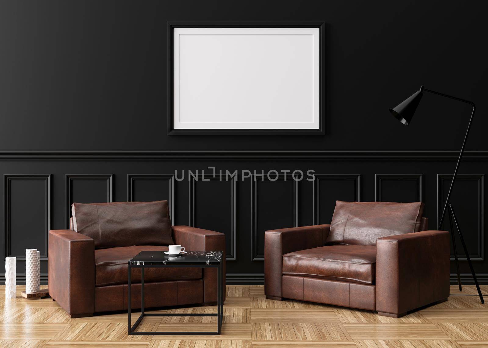 Empty picture frame on black wall in modern living room. Mock up interior in classic style. Free space, copy space for your picture. Brown leather armchairs. 3D rendering