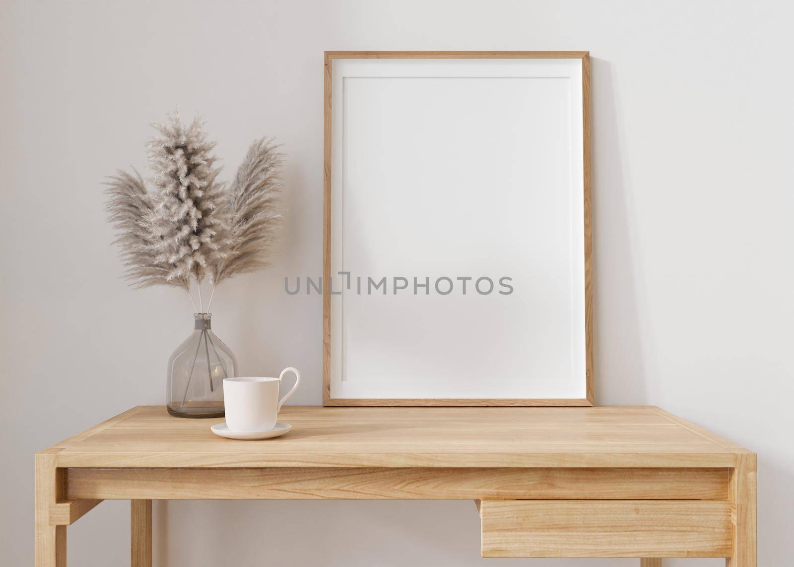 Empty vertical picture frame standing on wooden table in modern living room. Mock up interior in minimalist, contemporary style. Free, copy space for your picture. Vase, pampas grass. 3D rendering