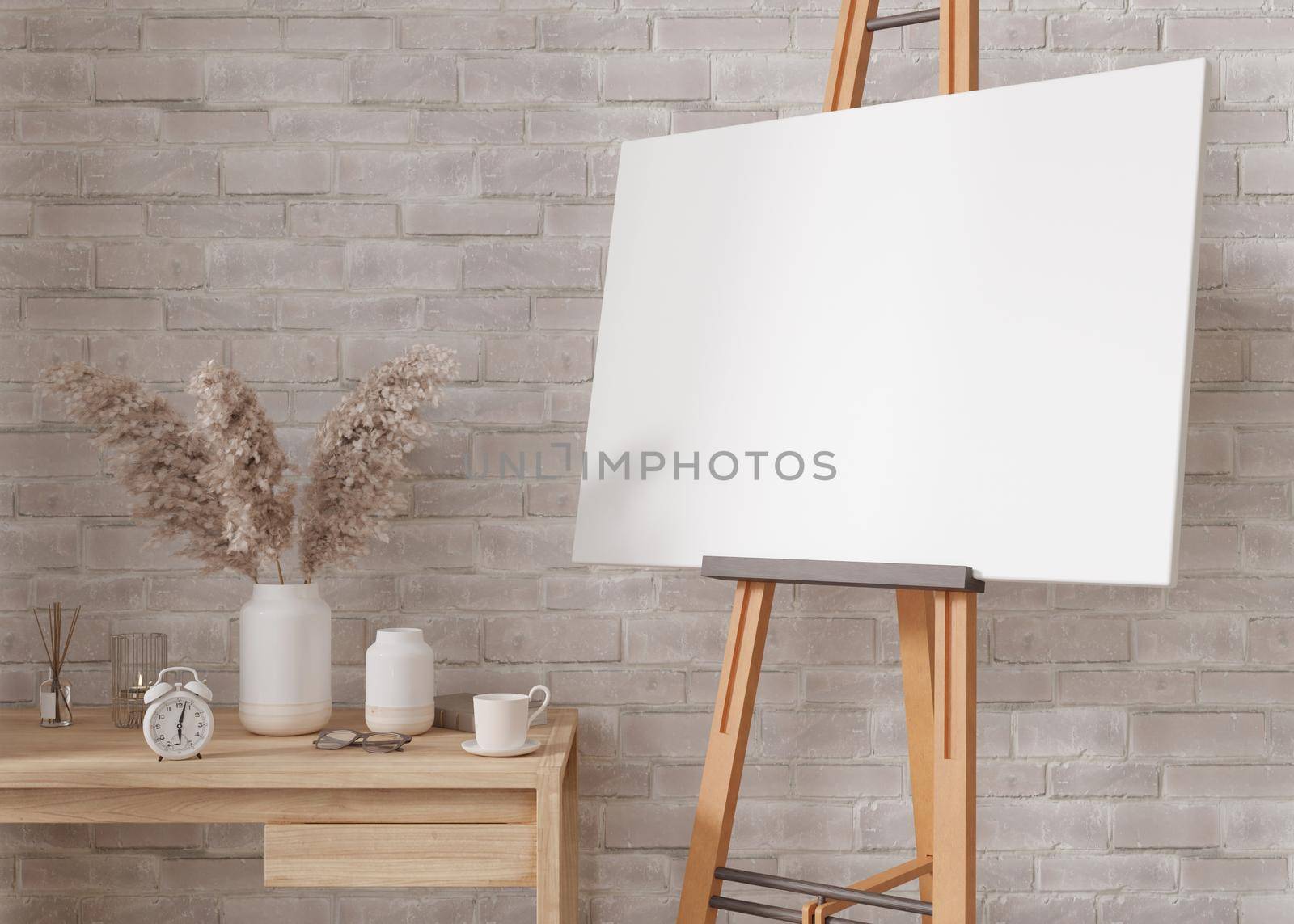 Empty horizontal canvas on wooden easel in modern and cozy room. Canvas mock up, interior in scandinavian, boho style. Free, copy space for your picture. Artwork presentation. 3D rendering