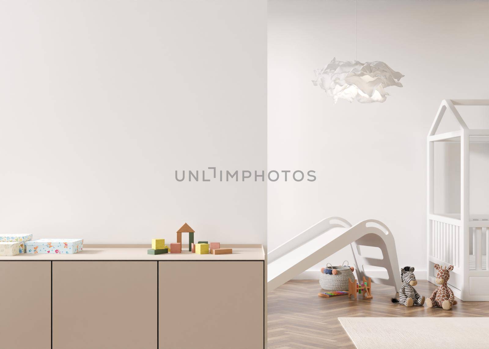 Empty white wall in modern child room. Mock up interior in contemporary, scandinavian style. Copy space for your picture or poster. Bed, sideboard, toys. Cozy room for kids. 3D rendering