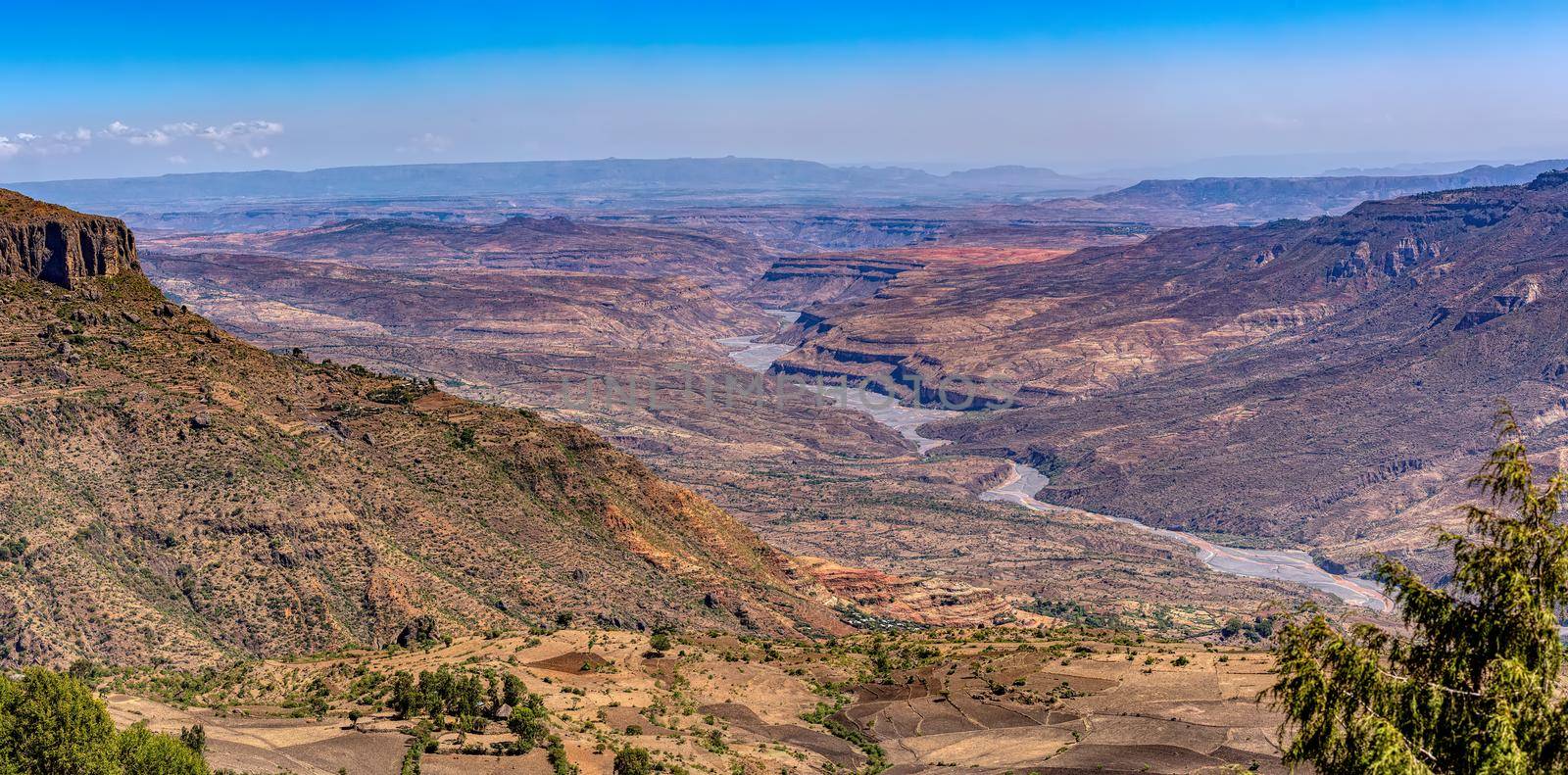 Beautiful wide canyon landscape with dry river bed, Somali Region. Ethiopia wilderness landscape, Africa.