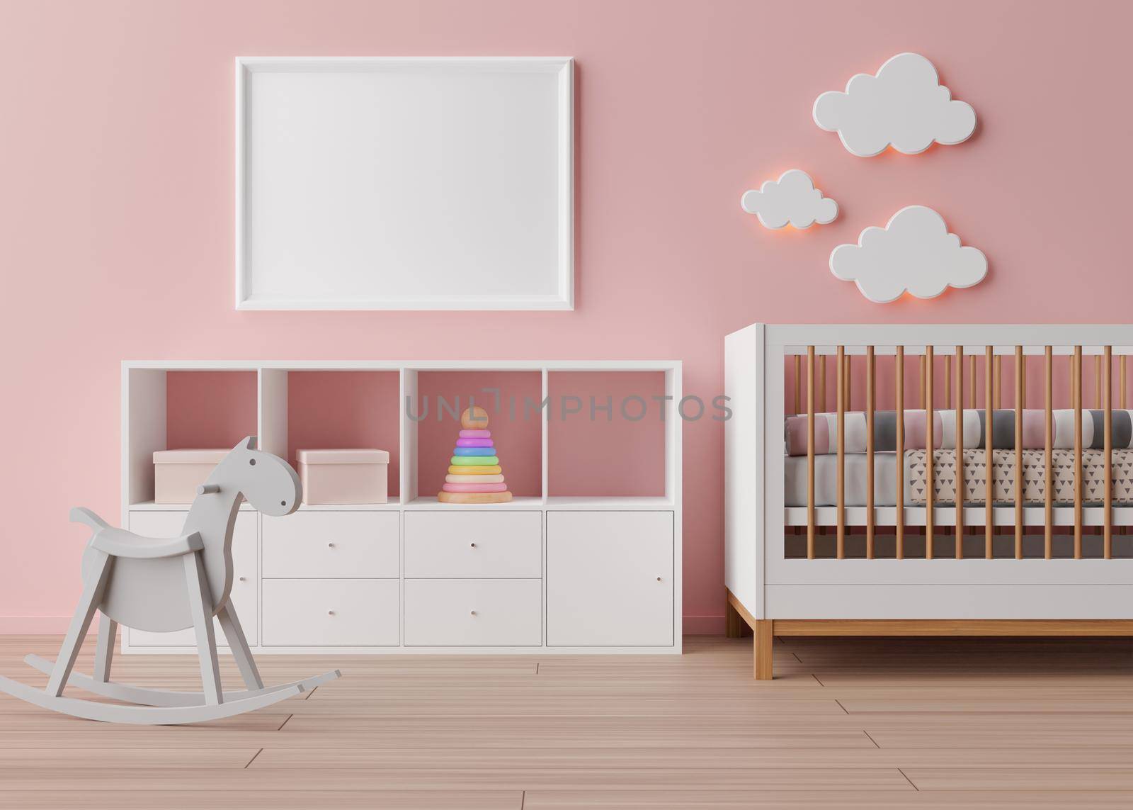 Empty white picture frame on pink wall in modern child room. Mock up interior in scandinavian style. Free, copy space for your picture. Rocking horse, bed, toys. Cozy room for kids. 3D rendering