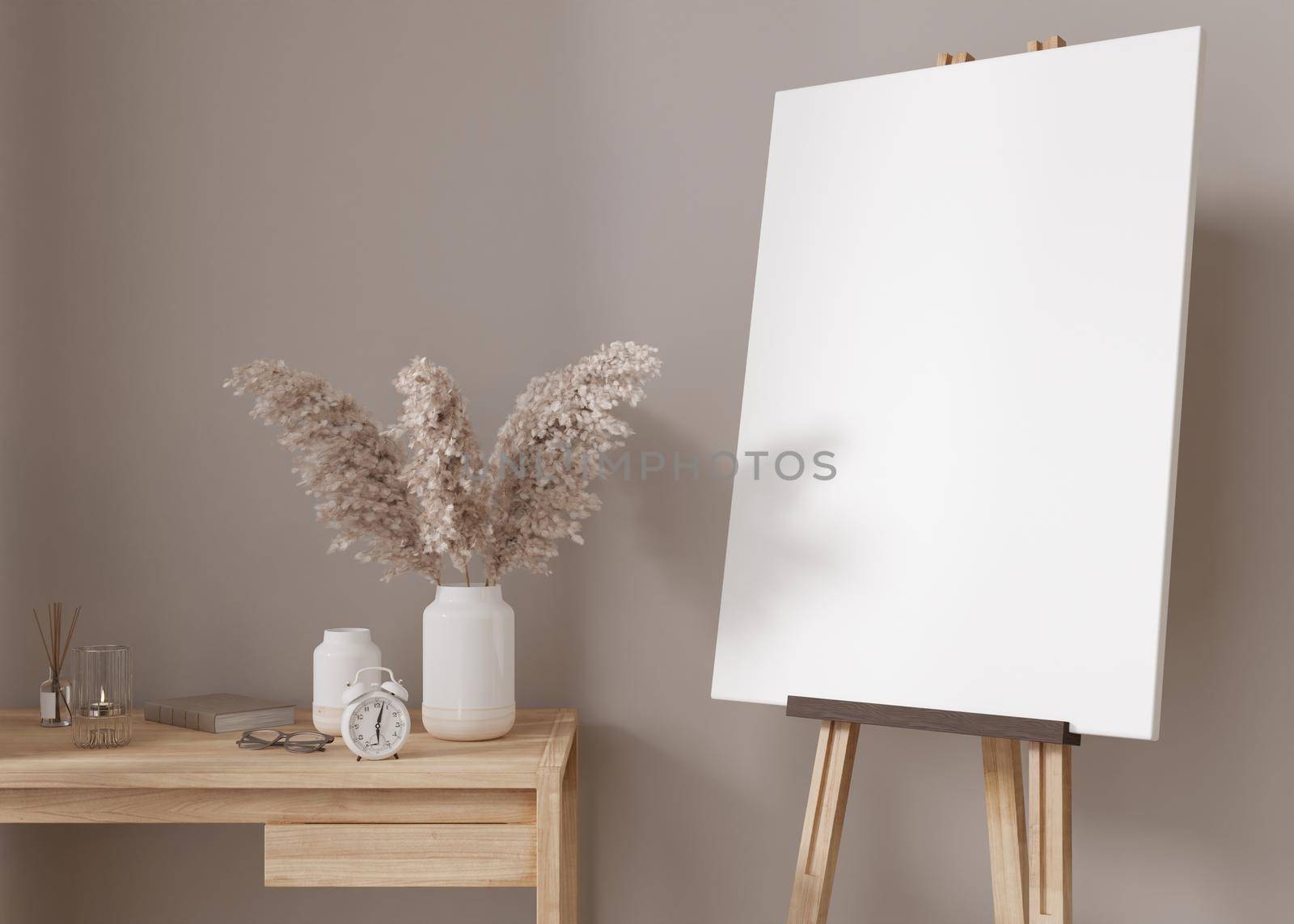 Empty vertical canvas on wooden easel in modern and cozy room. Canvas mock up, interior in scandinavian, boho style. Free, copy space for your picture. Artwork presentation. 3D rendering