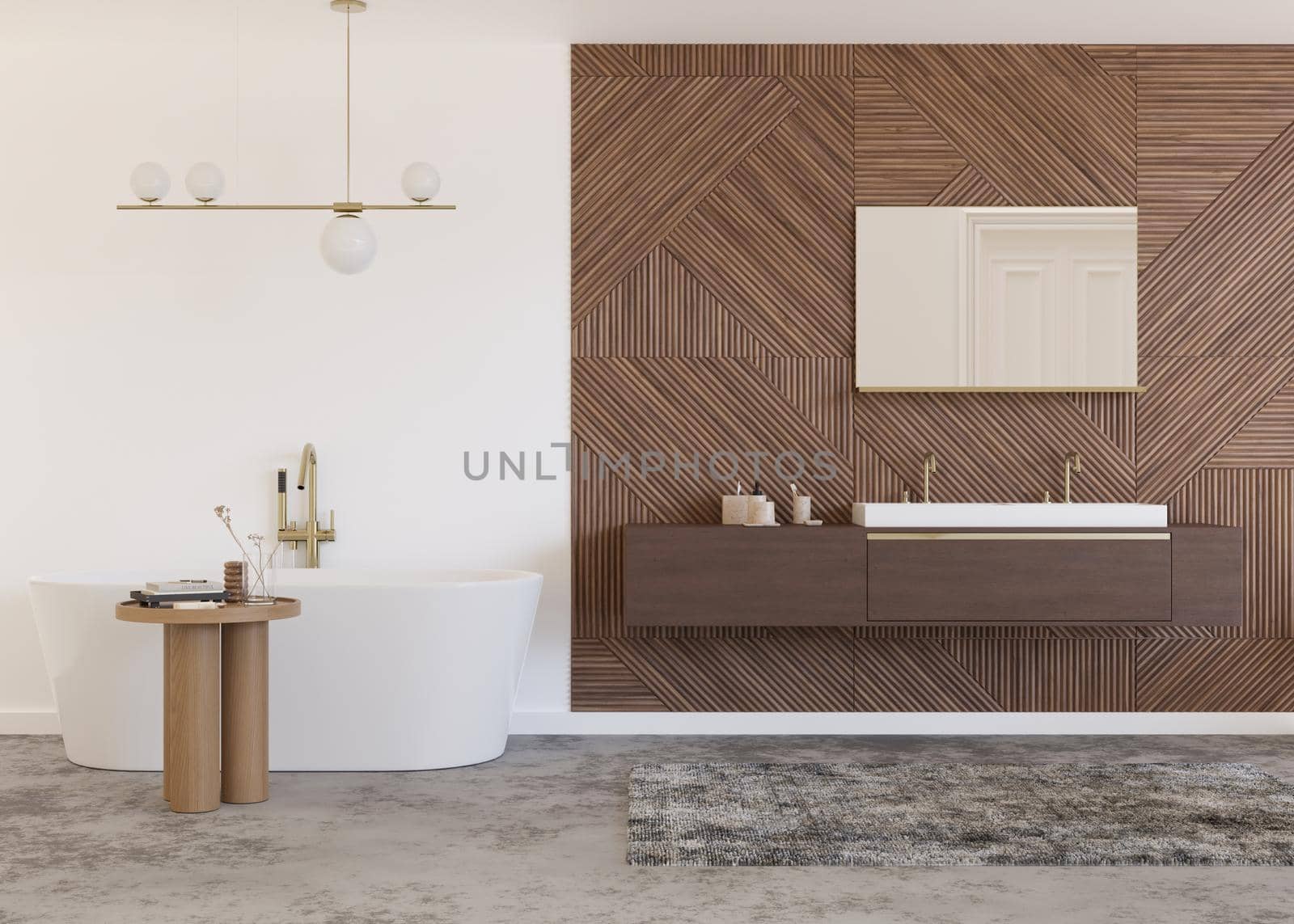 Beautiful, light and modern bathroom. White color and wooden texture. Bathtub, washbasin. Home interior in contemporary style. Luxury bathroom design. Interior design project. 3D rendering