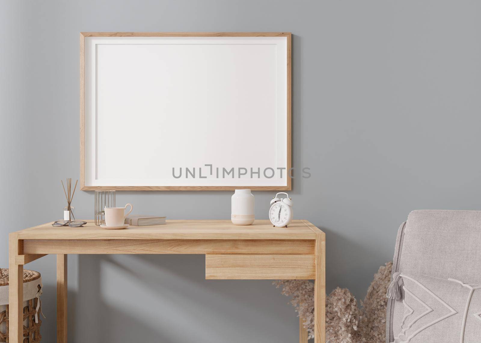 Empty horizontal picture frame on gray wall in modern living room. Mock up interior in contemporary style. Copy space for your picture, poster. Template for your artwork. Wooden table. 3D render