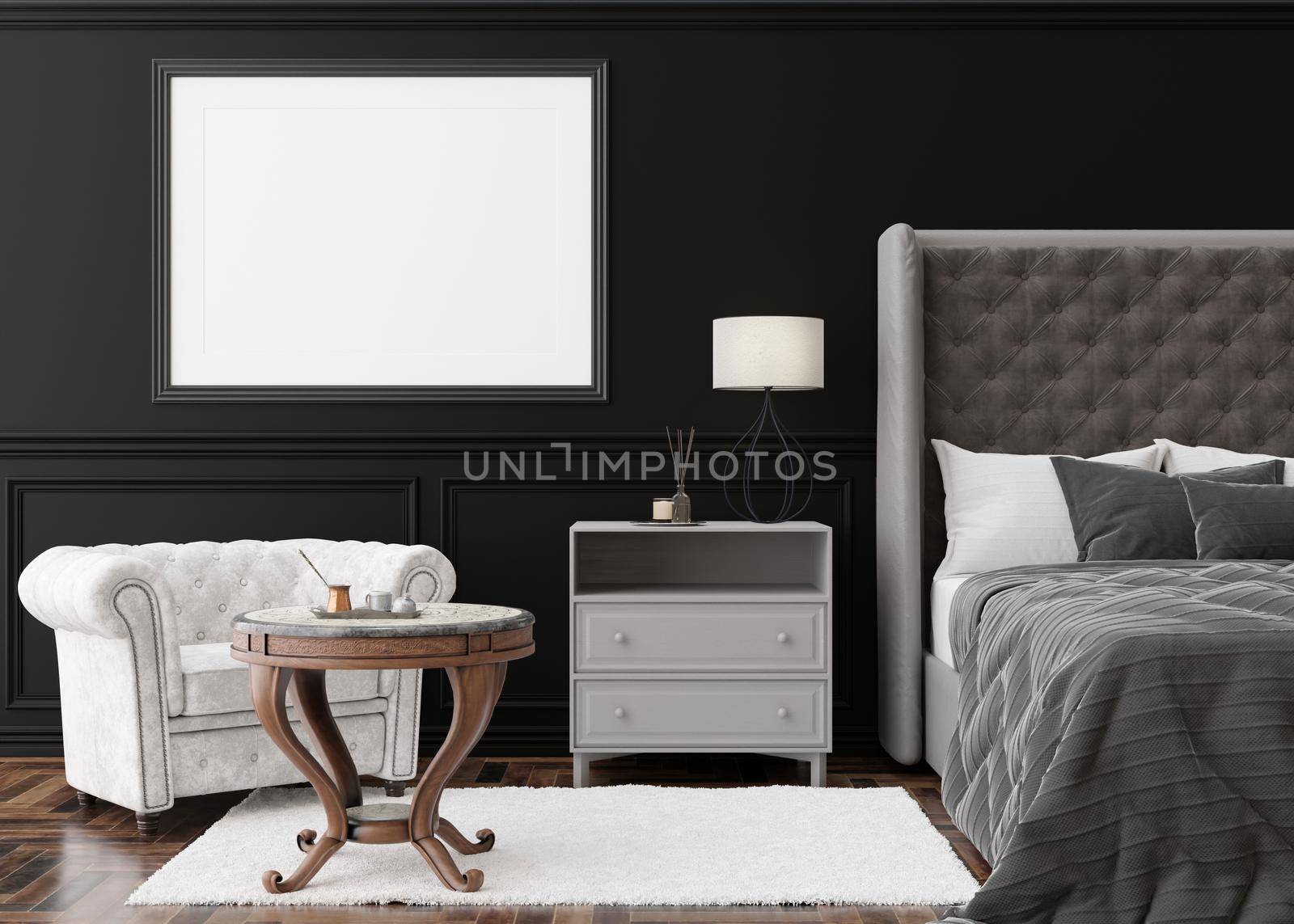 Empty horizontal picture frame on black wall in modern bedroom. Mock up interior in classic style. Free, copy space for your picture, poster. Template for your artwork. Bed, armchair. 3D rendering