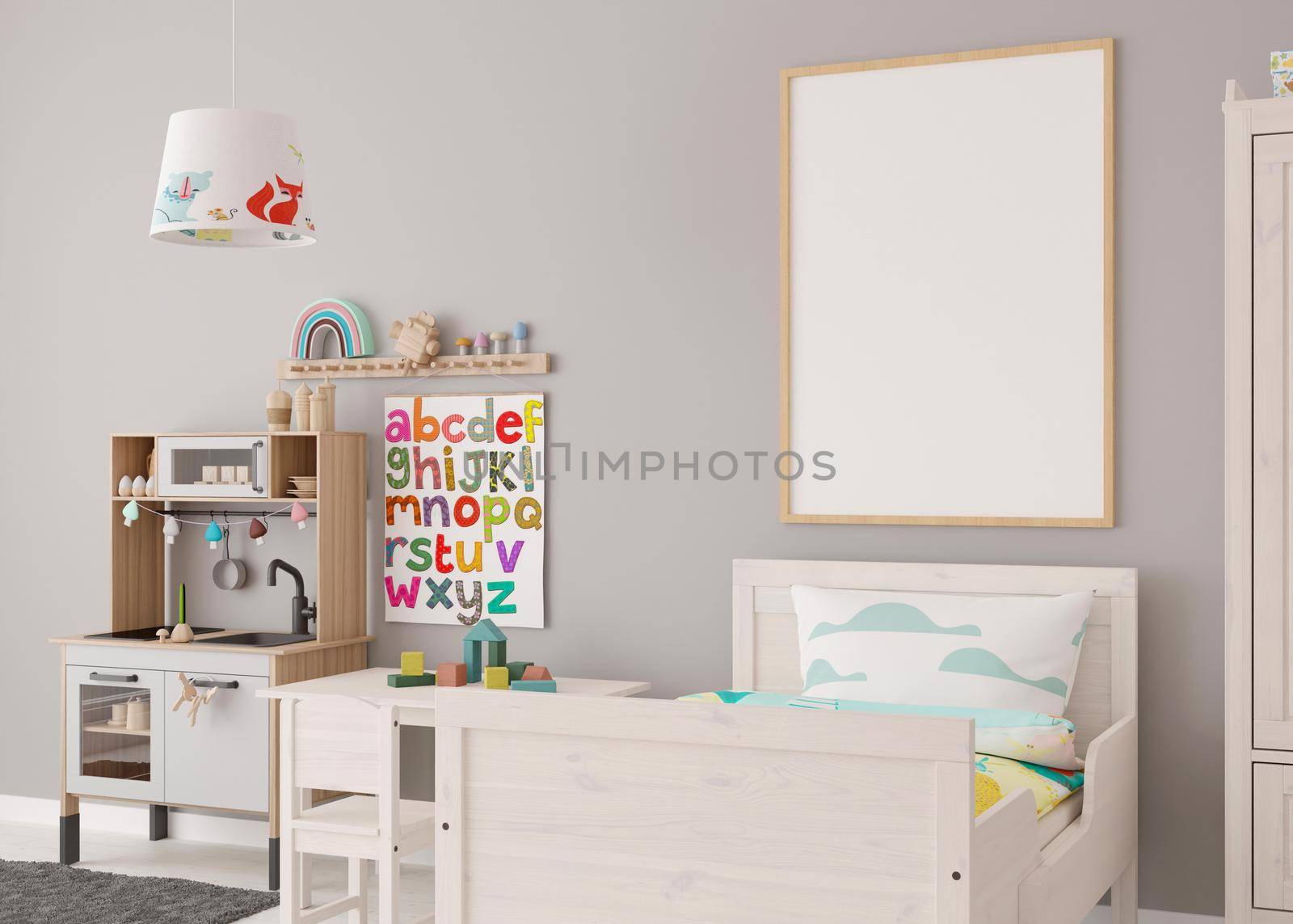 Empty vertical picture frame on gray wall in modern child room. Mock up interior in contemporary, scandinavian style. Free, copy space for picture. Bed, toys. Cozy room for kids. 3D rendering