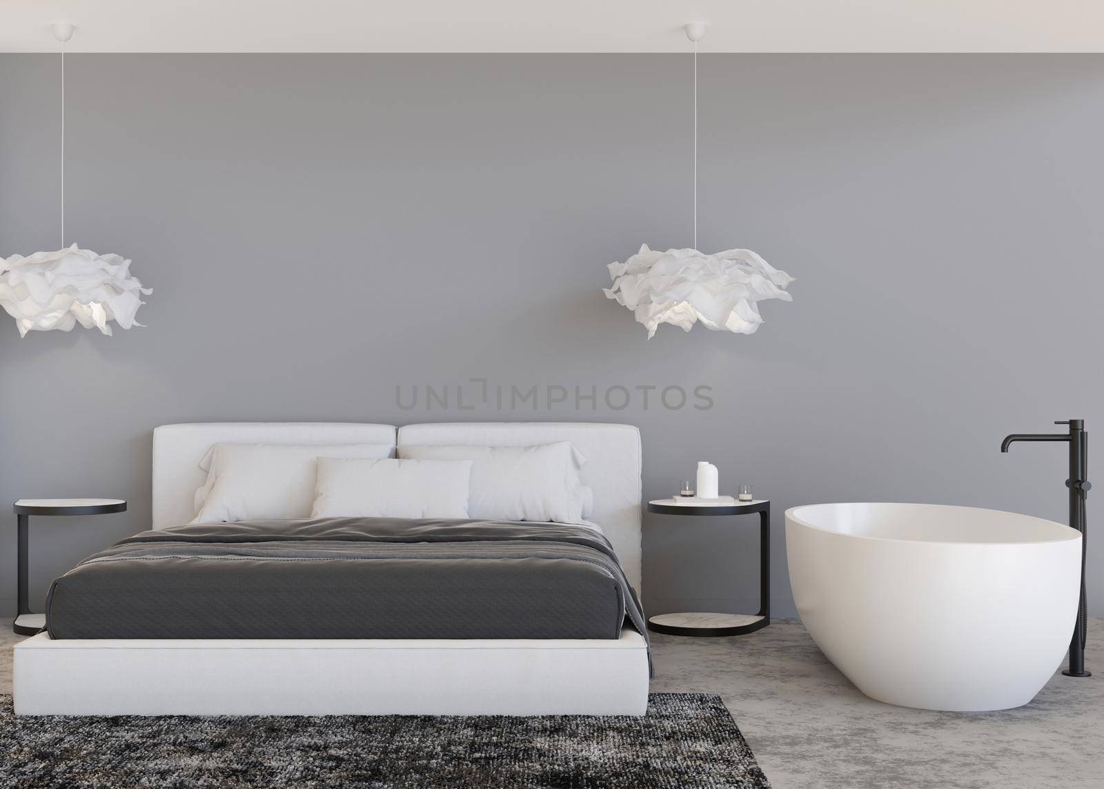 Empty light gray wall in modern bedroom. Mock up interior in contemporary style. Free, copy space for your picture, text, or another design. Bathtub in bedroom. 3D rendering