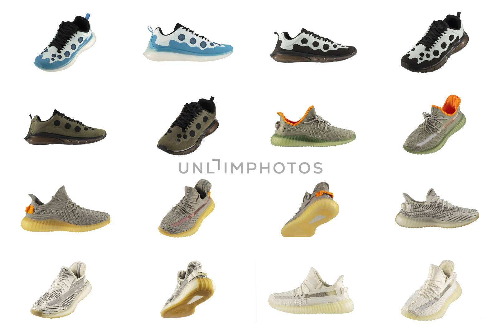 Sneakers collage. Variations of sneakers isolated on white background.