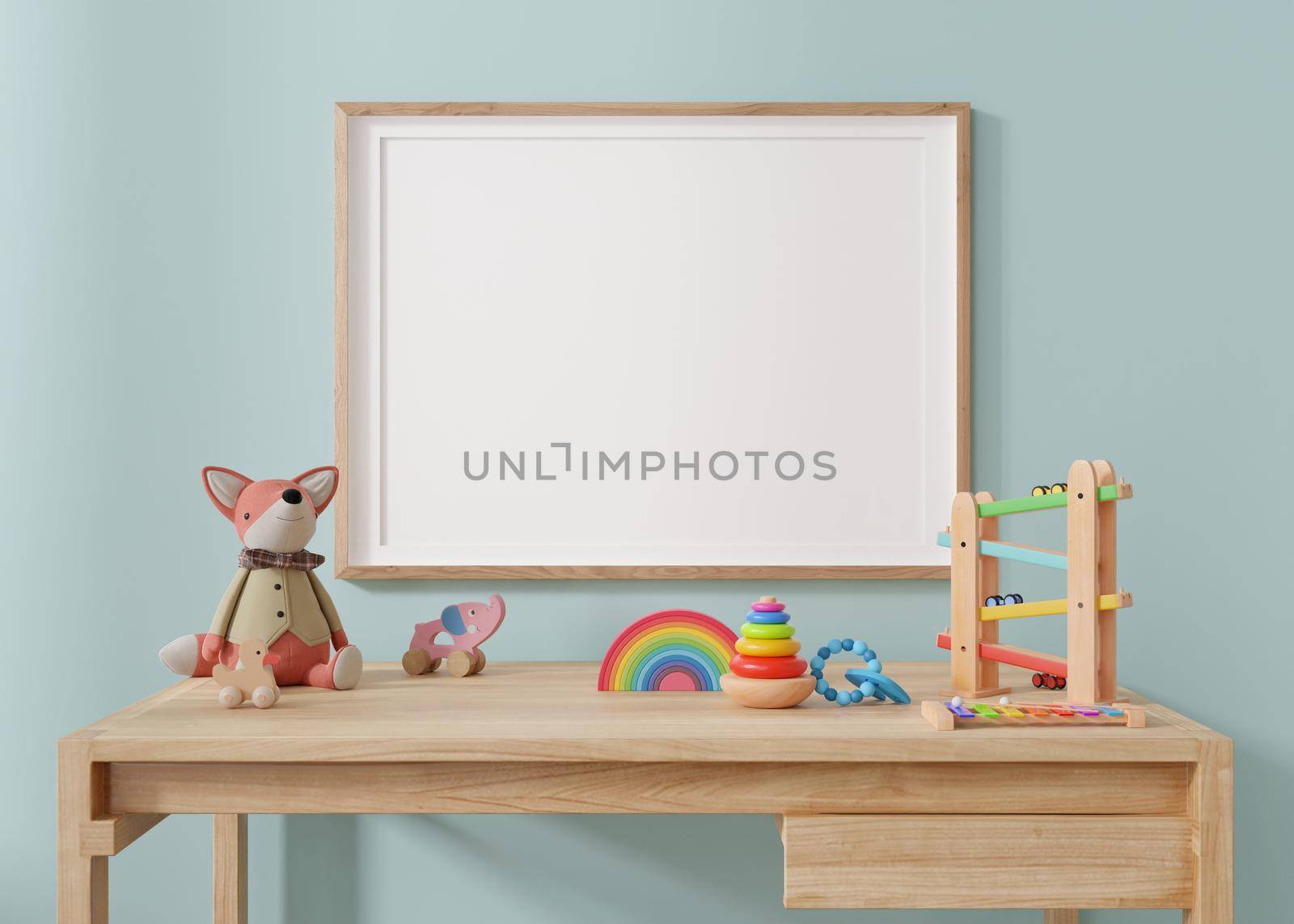 Empty horizontal picture frame hanging on blue wall in modern child room. Frame mock up in contemporary style. Free, copy space for picture, poster. Plush and wooden toys. Close up view. 3D rendering
