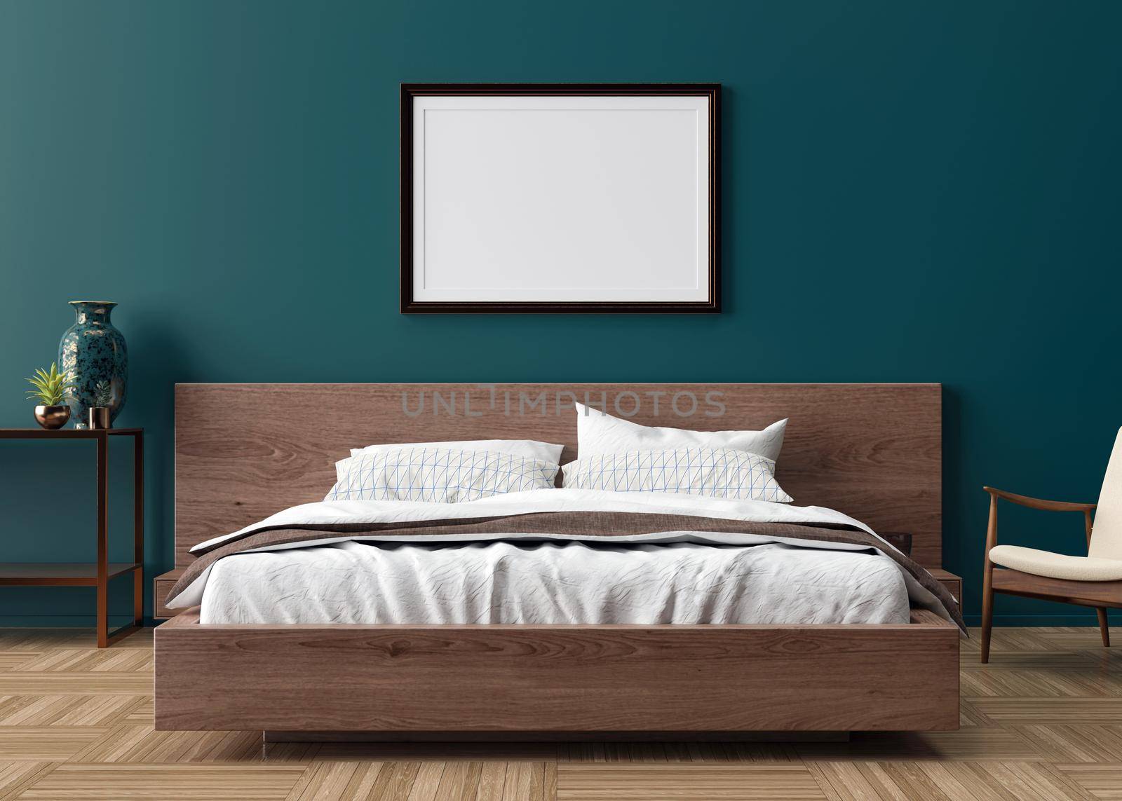 Blank picture frame on blue wall in bedroom. Mock up poster frame in modern interior. 3D render, 3D illustration. Free space, copy space for your design. Wooden bed, armchair, sideboard