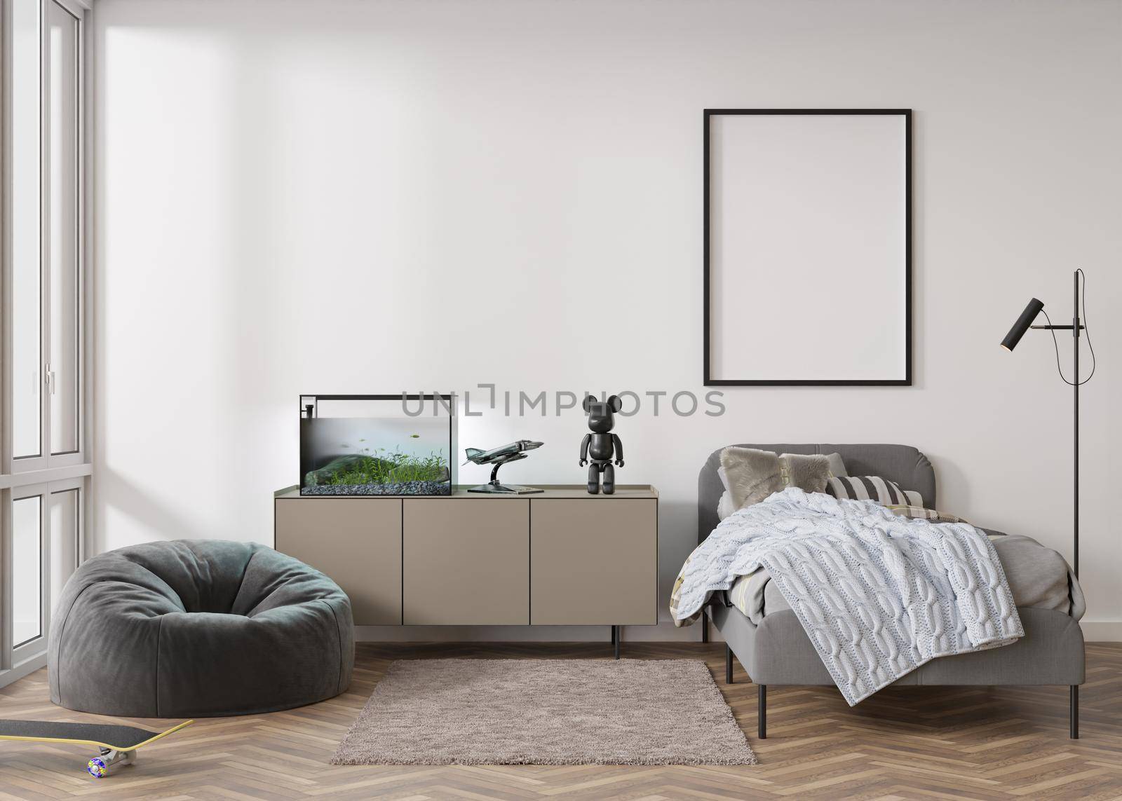 Empty vertical picture frame on white wall in modern child or teenie room. Mock up interior in contemporary style. Free, copy space for picture, poster. Bed, sideboard. Cozy room for kids. 3D render. by creativebird