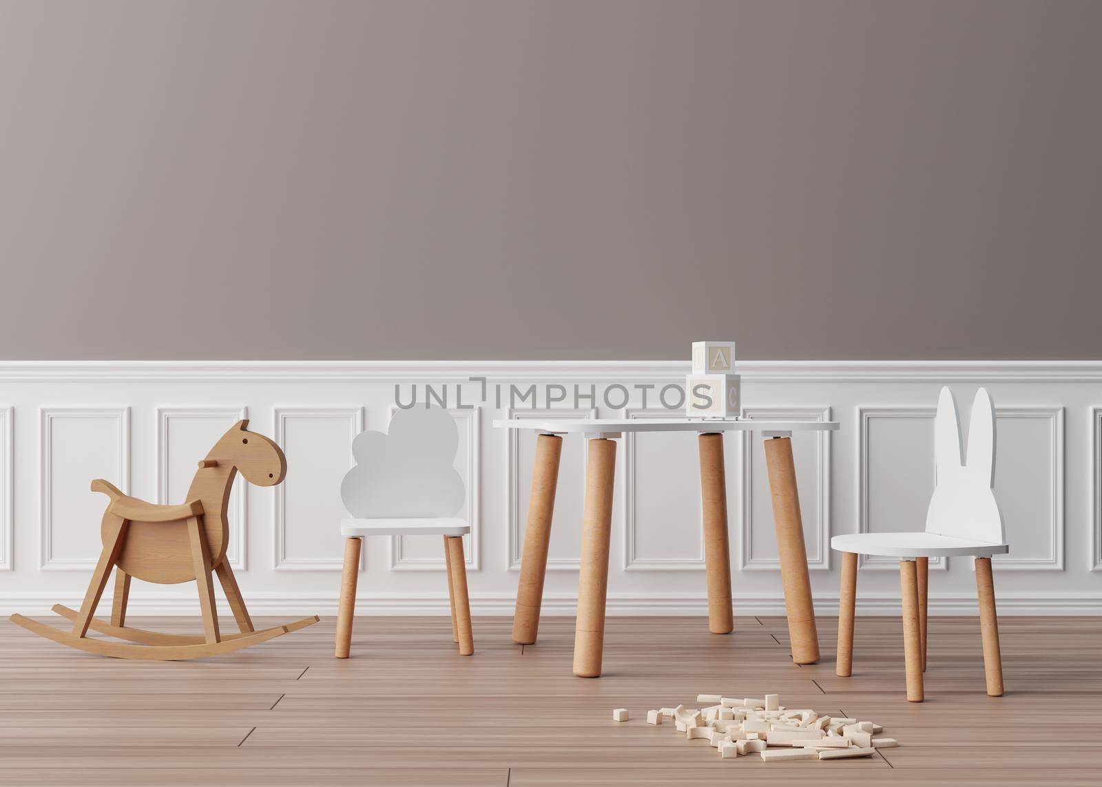 Empty brown wall in modern child room. Mock up interior. Free space, copy space for your picture, text, or another design. Rocking horse, table with chairs, toys. Cozy room for kids. 3D rendering. by creativebird