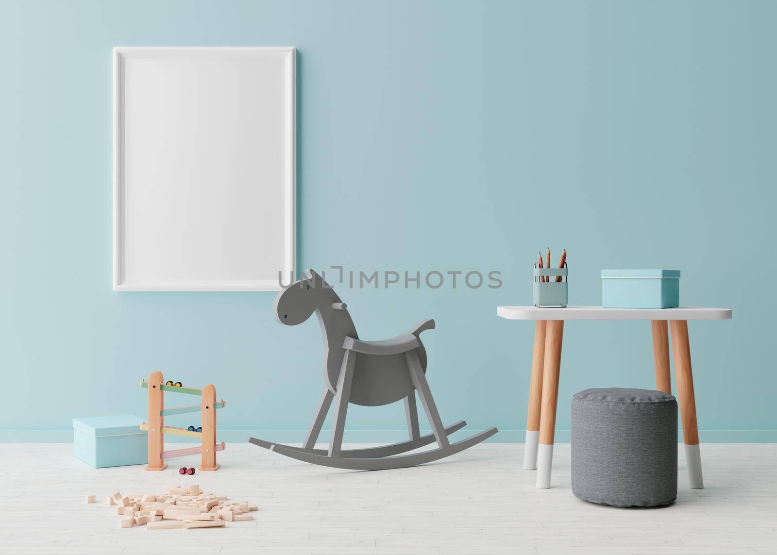 Empty vertical picture frame on blue wall in modern child room. Mock up interior in scandinavian style. Free, copy space for your picture. Rocking horse, table, toys. Cozy room for kids. 3D rendering