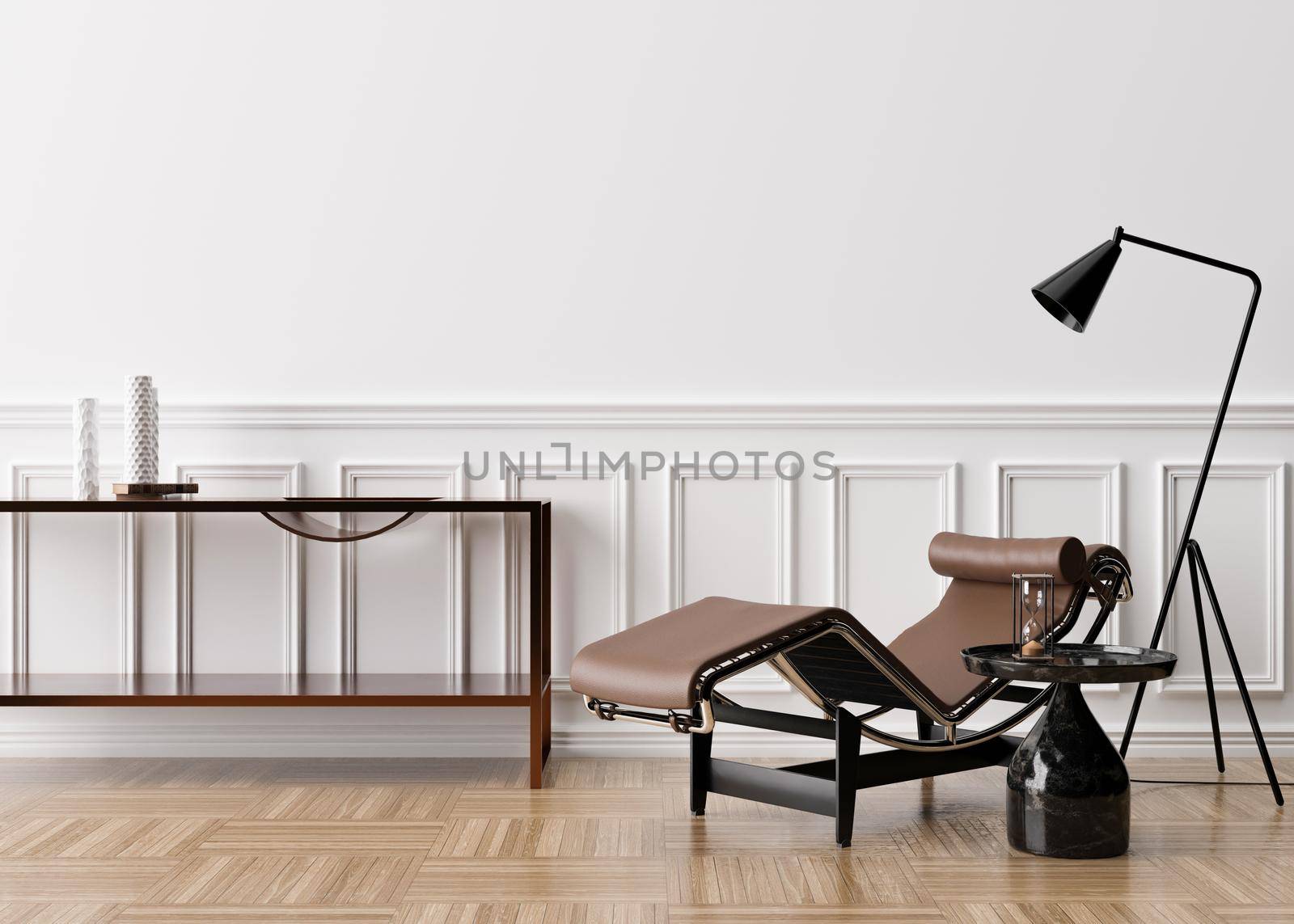 Empty white wall in modern living room. Mock up interior in classic style. Free space, copy space for your picture, text or another design. Brown leather lounge chair, black marble table. 3D rendering by creativebird