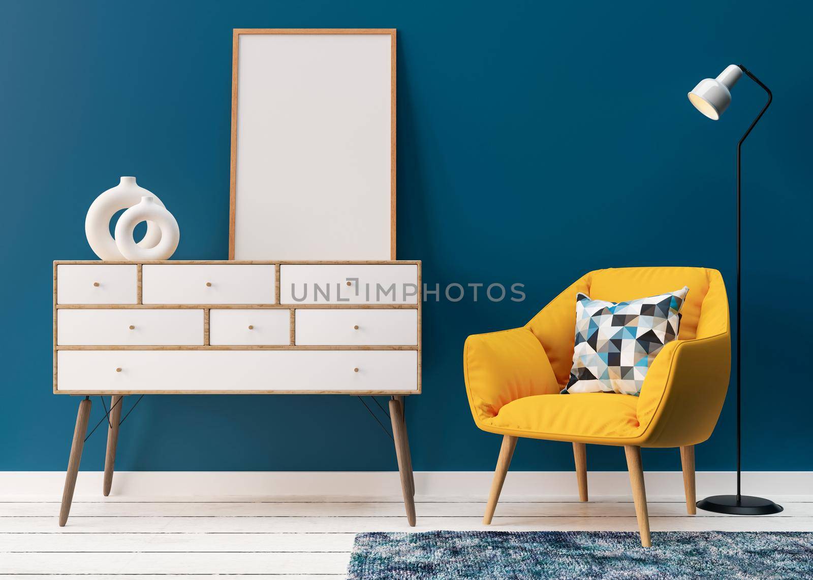 Blank vertical picture frame on blue wall in living room. Mock up poster frame in modern interior. Yellow armchair, wooden console. 3D render, 3D illustration. Free space, copy space for your design