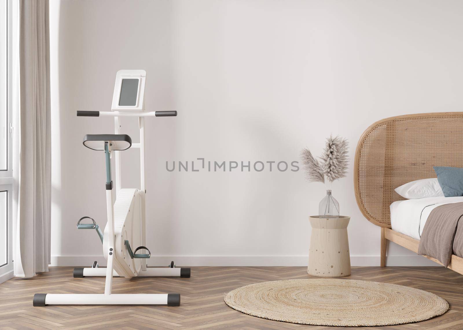 Modern room with fitness bike. Sport equipment in contemporary interior. Healthy lifestyle, sport, training at home concept. Stay fit. Home gym. 3D rendering