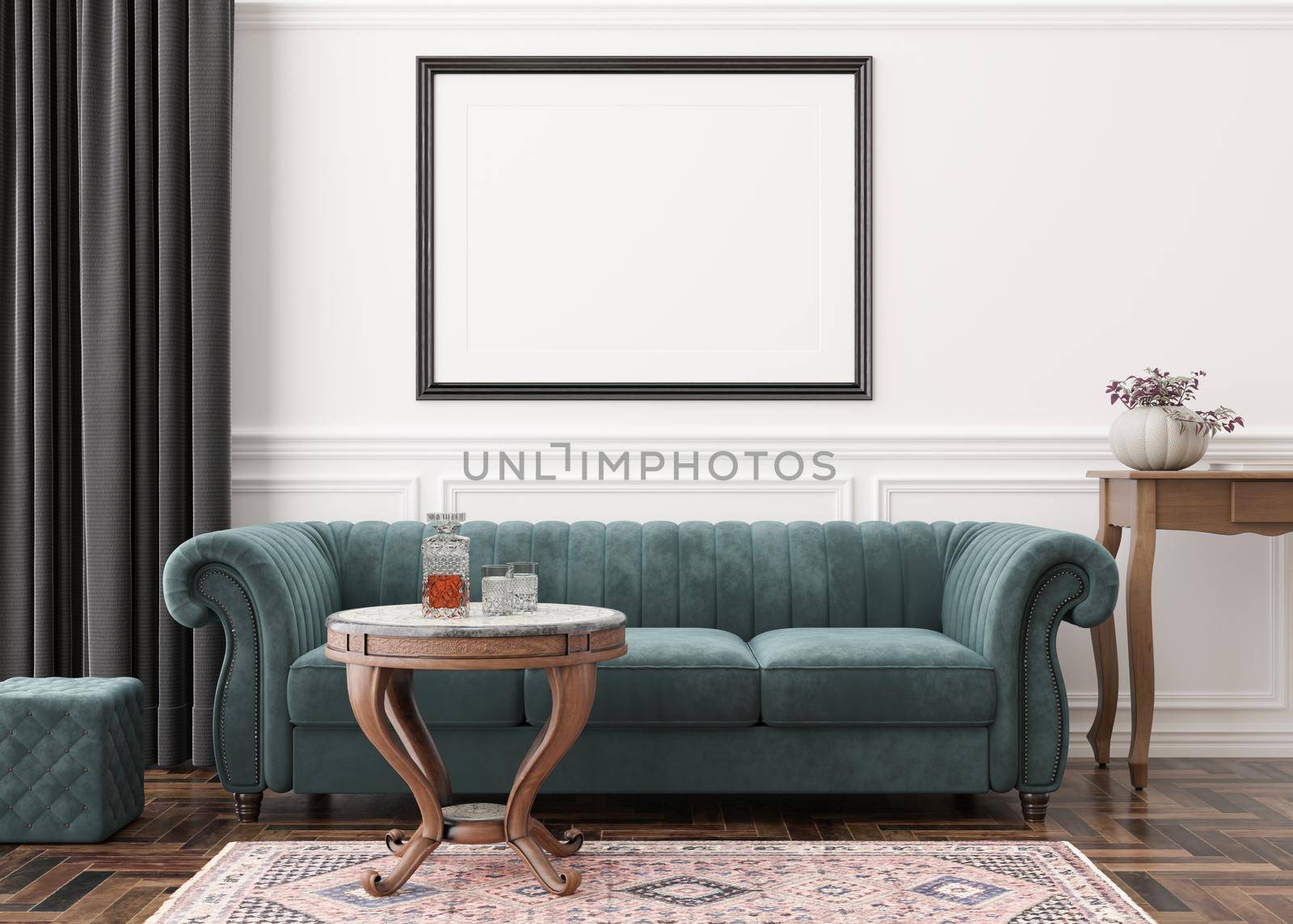 Empty horizontal picture frame on white wall in modern living room. Mock up interior in classic style. Free, copy space for your picture, poster. Sofa, table, parquet floor, carpet. 3D rendering. by creativebird