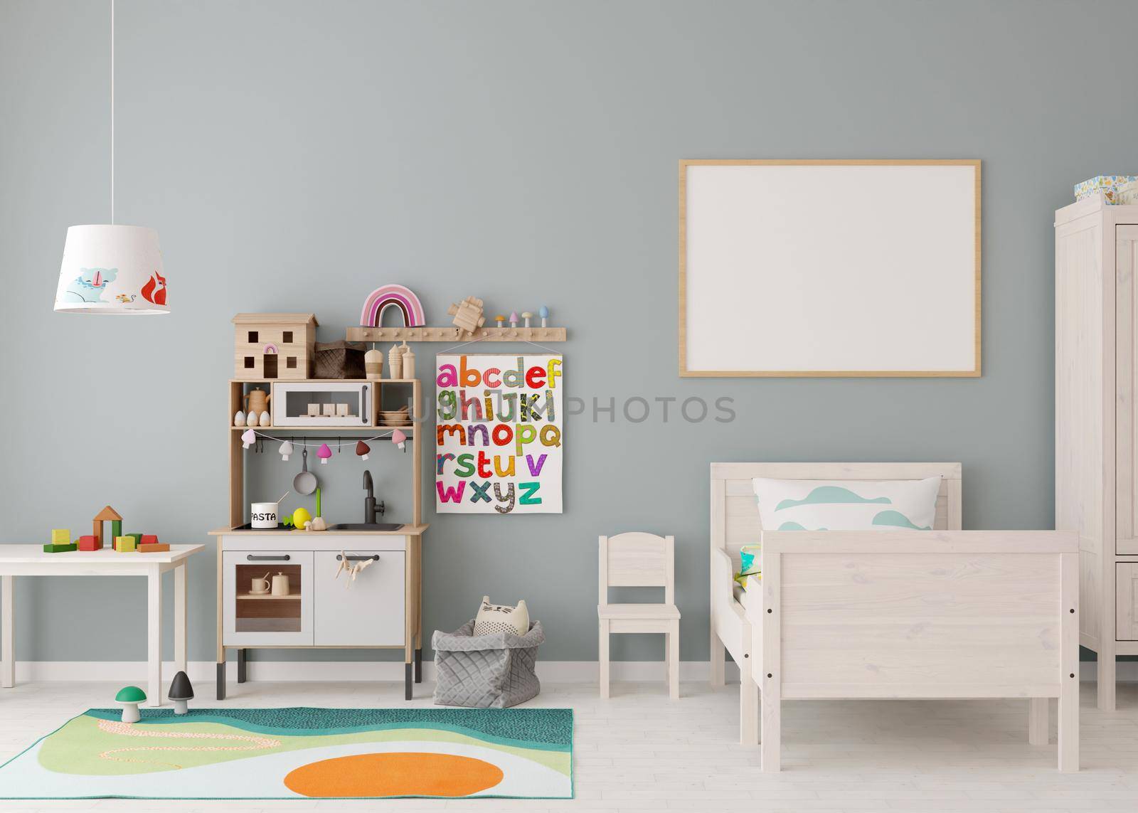 Empty horizontal picture frame on the wall in modern child room. Mock up interior in contemporary, scandinavian style. Free, copy space for picture. Bed, toys. Cozy room for kids. 3D rendering. by creativebird