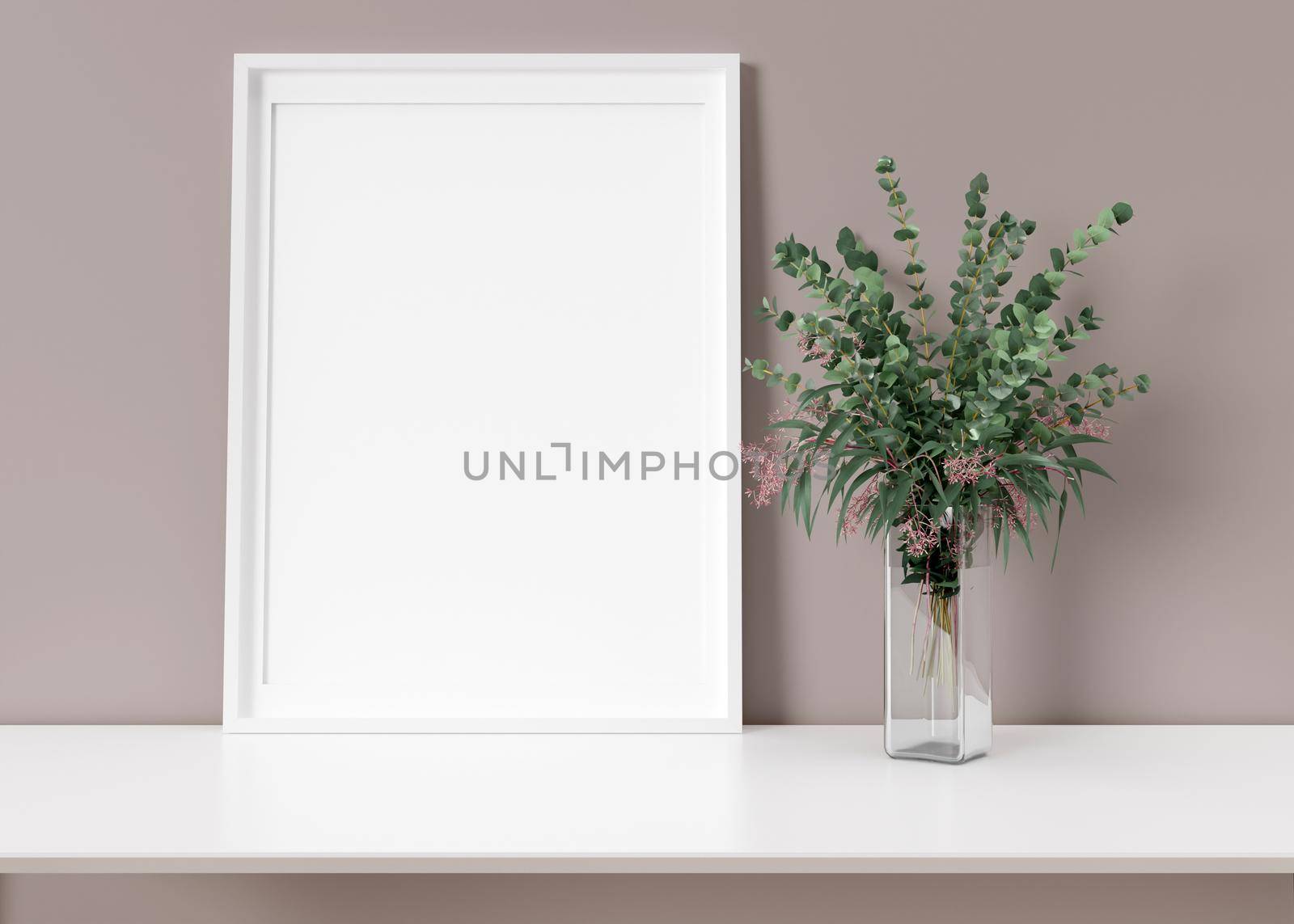 Empty vertical picture frame standing on white shelf. Frame mock up. Copy space for picture, poster. Template for your artwork. Close up view. Eucalyptus plant in vase. 3D rendering. by creativebird