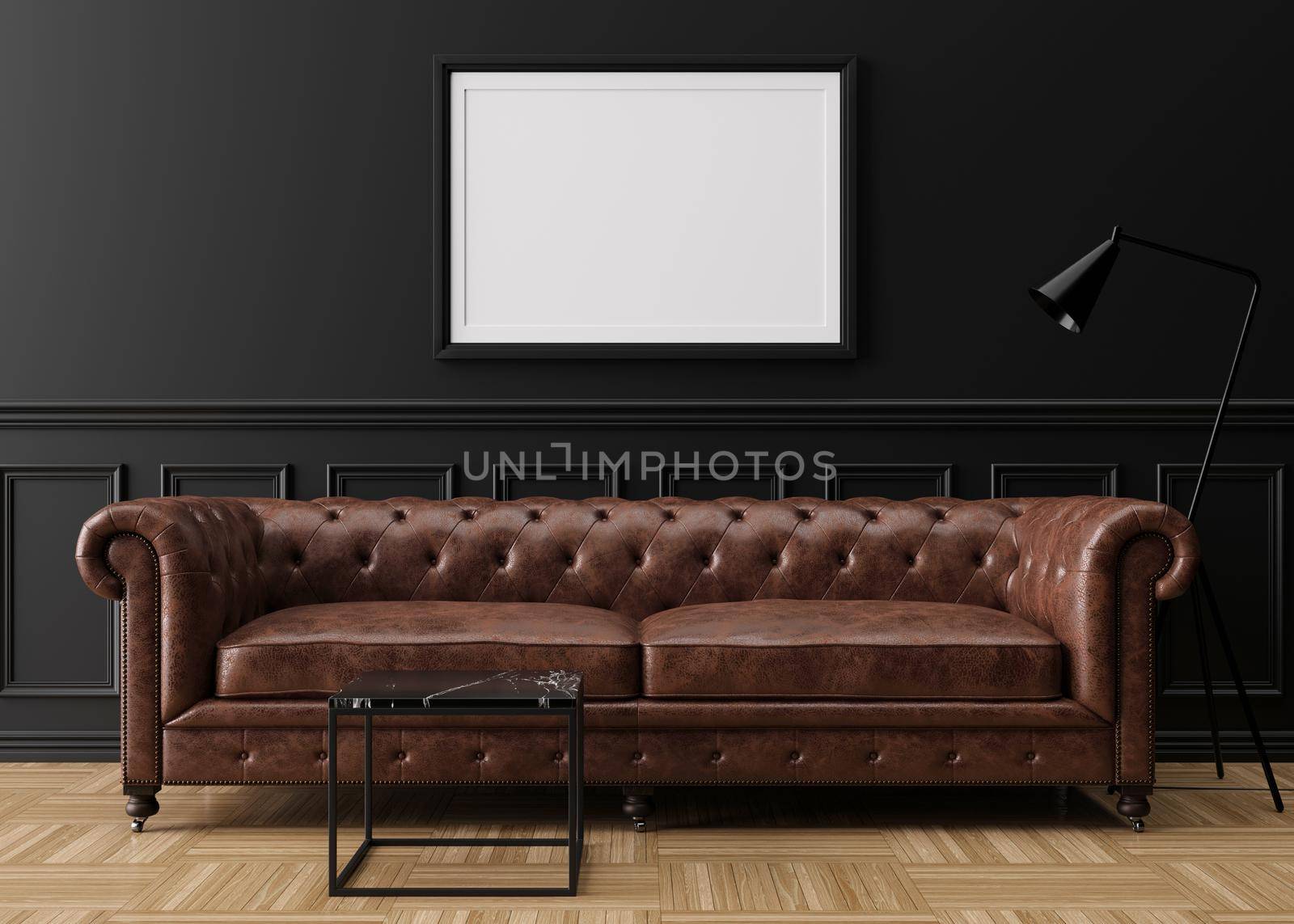 Empty picture frame on black wall in modern living room. Mock up interior in classic style. Free space, copy space for your picture. Brown leather sofa. 3D rendering
