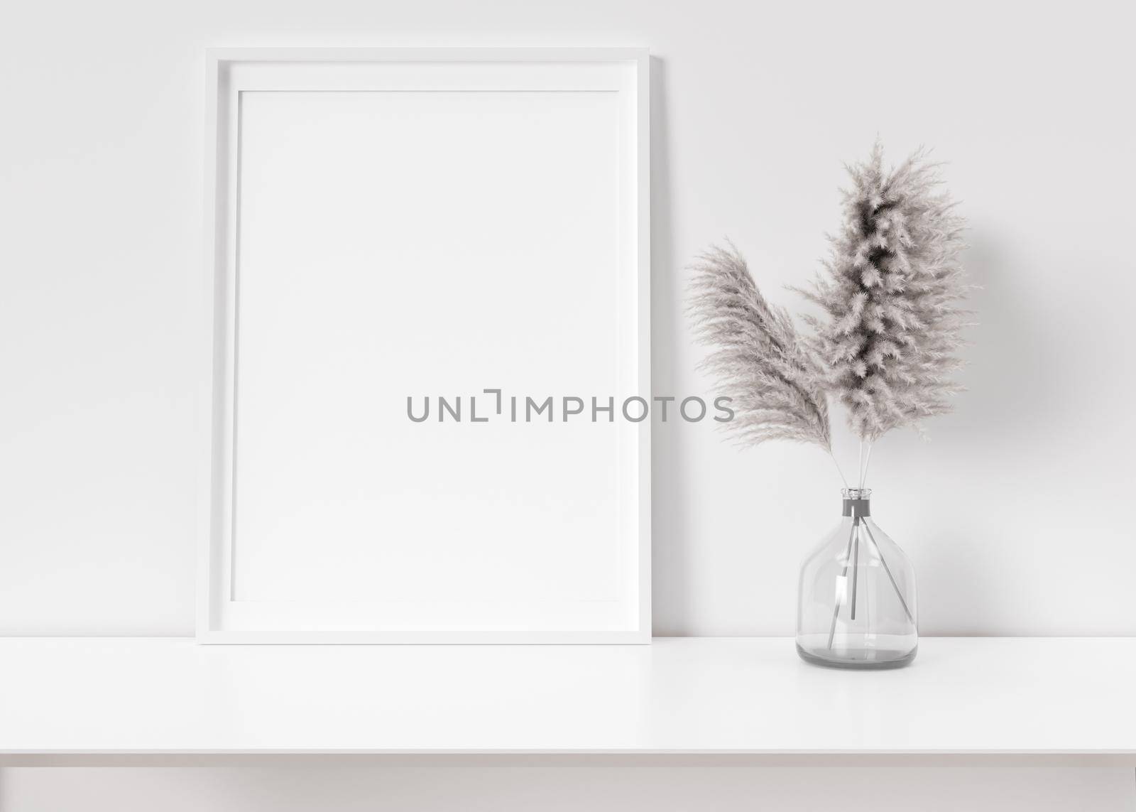 Empty vertical picture frame standing on white shelf. Frame mock up. Copy space for picture, poster. Template for your artwork. Close up view. Pampas grass in vase. 3D rendering