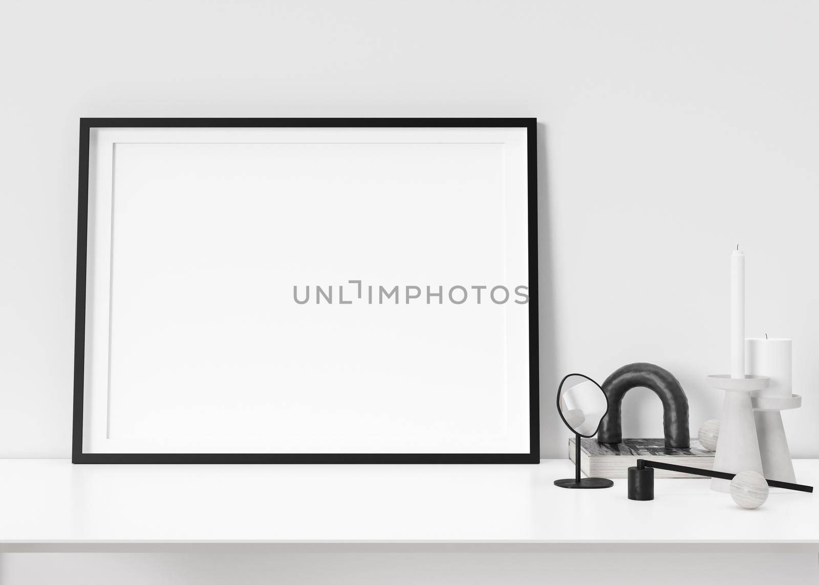 Empty black horizontal picture frame standing on white shelf. Frame mock up. Copy space for picture, poster. Template for your artwork. Close up view. Home accessories, sculpture. 3D rendering