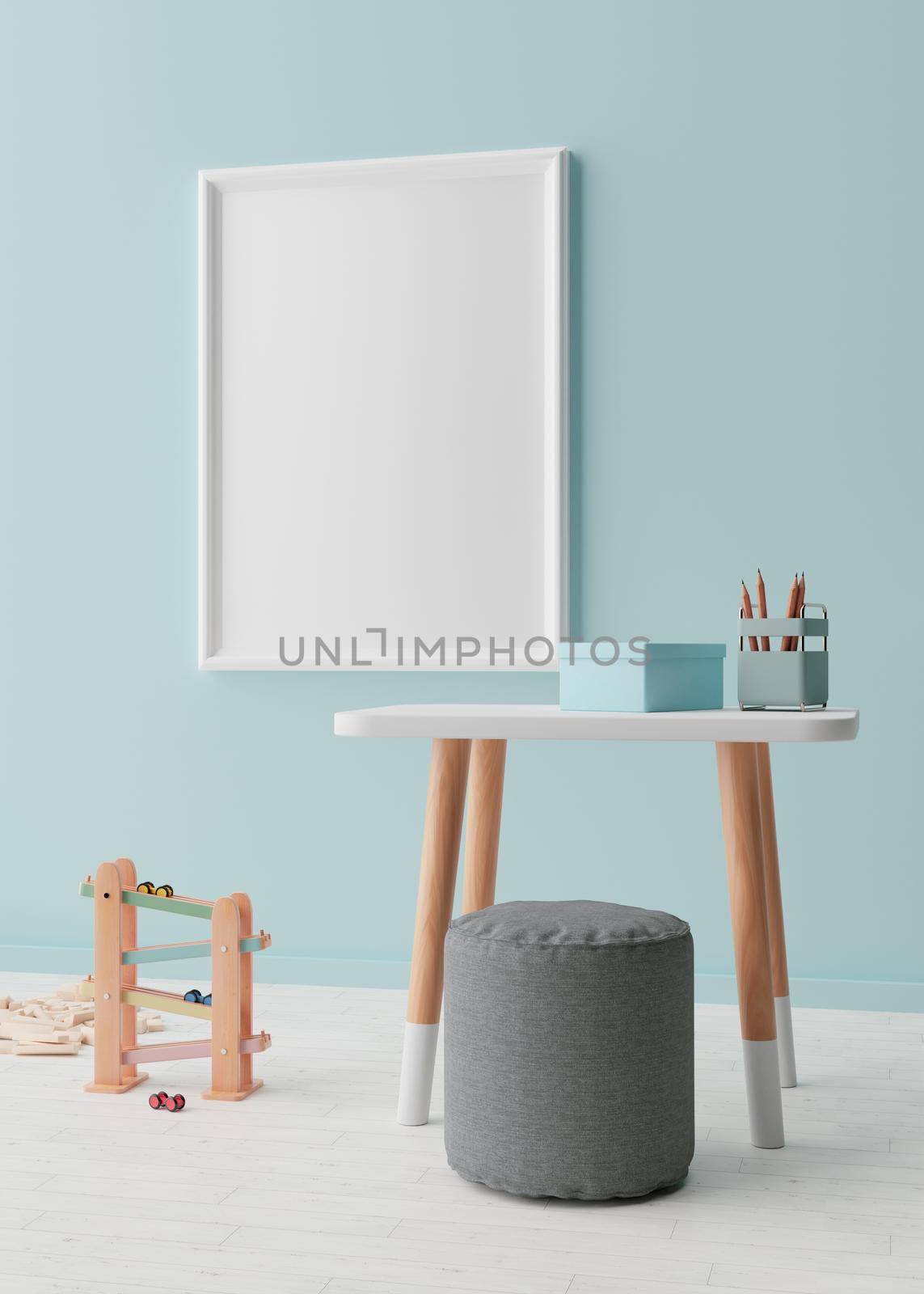 Empty vertical picture frame on blue wall in modern child room. Mock up interior in scandinavian style. Free, copy space for your picture. Table, toys. Cozy room for kids. 3D rendering
