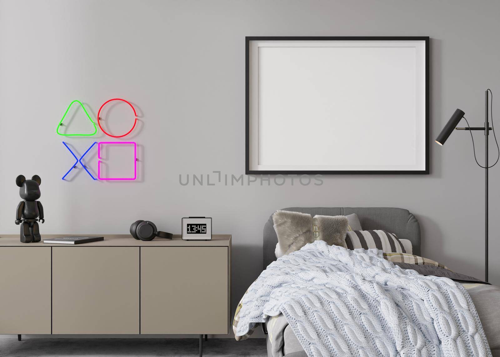 Empty horizontal picture frame on gray wall in modern child or teenie room. Mock up interior in contemporary style. Free, copy space for picture, poster. Bed, sideboard. Cozy room for kids. 3D render