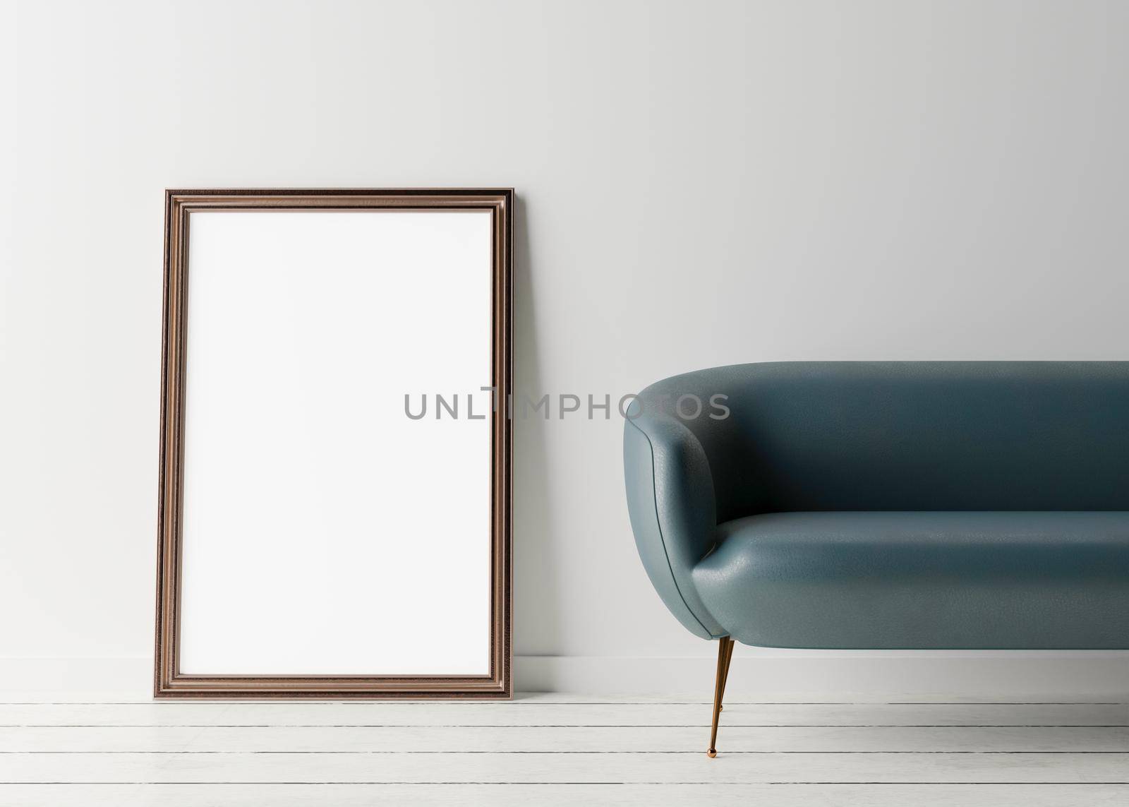 Empty vertical picture frame standing on the floor, with white wall and blue leather couch. Mock up interior in minimalist style. Free space, copy space for your picture or text. 3D rendering