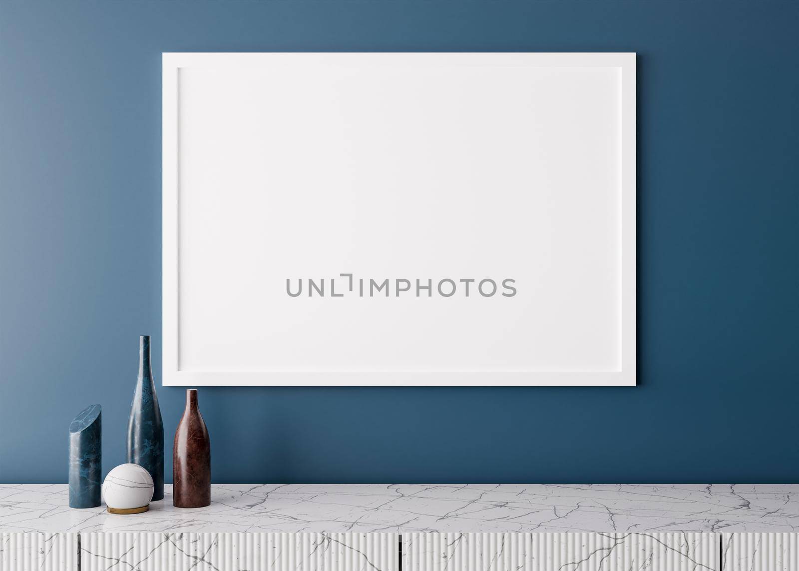Empty white picture frame on blue wall in modern living room. Mock up interior in minimalist style. Free space, copy space for your picture. Marble console and vases. 3D rendering. Close up view