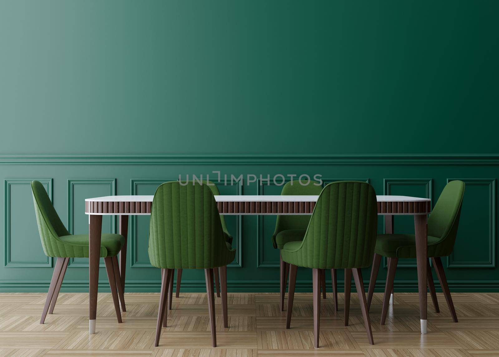 Empty green wall in modern dining room. Mock up interior in classic style. Free space, copy space for your picture, text, or another design. Dinig table with green chairs, parquet floor. 3D rendering. by creativebird